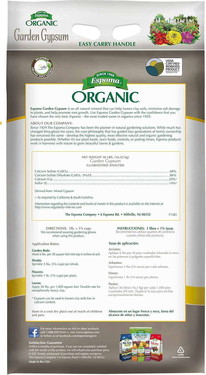 Organic Garden Gypsum Soil Conditioner; All-Natural & pelletized mined Gypsum with no fillers or additives. Helps Loosen Clay Soil; 36 lb. Bag Pack of one