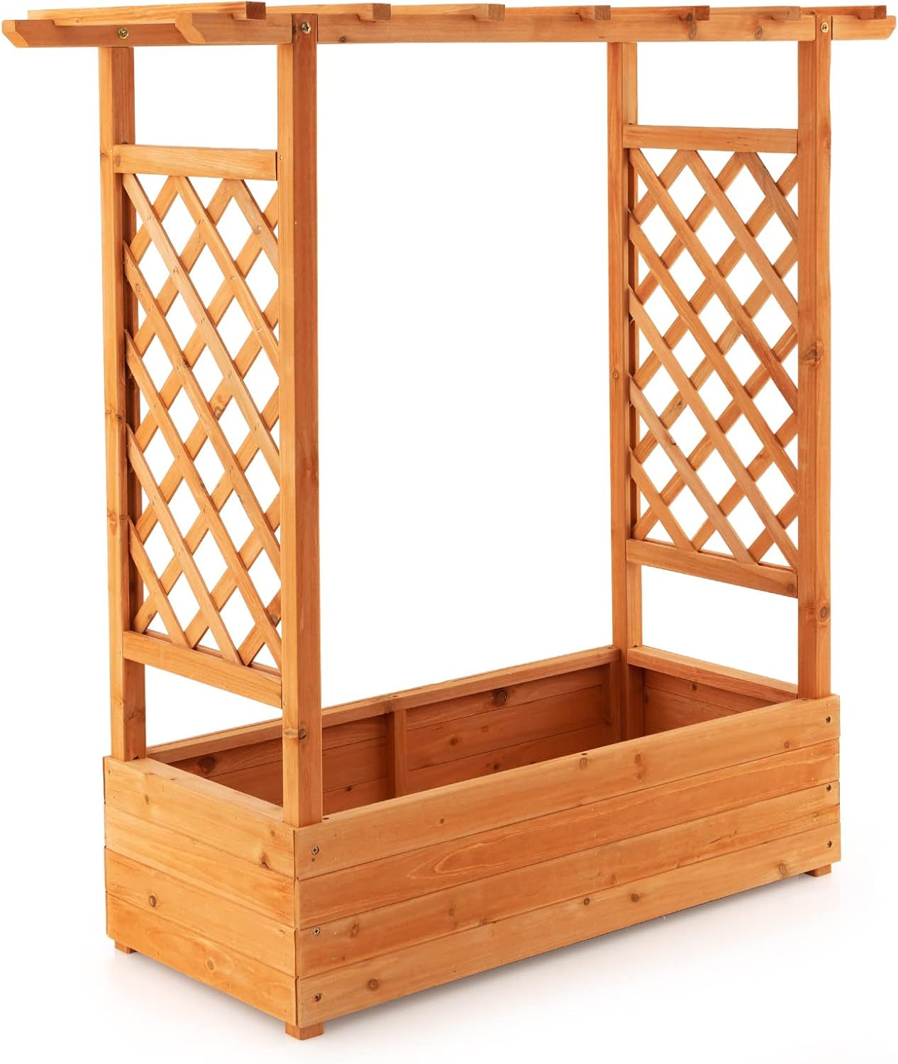 Raised Garden Bed with Arch Trellis, Wood Planter Box with Hanging Roof, Side Trellis, 4 Drainage Holes, Above Ground Elevated Garden Bed for Outdoor Climbing Plants Vines Patio