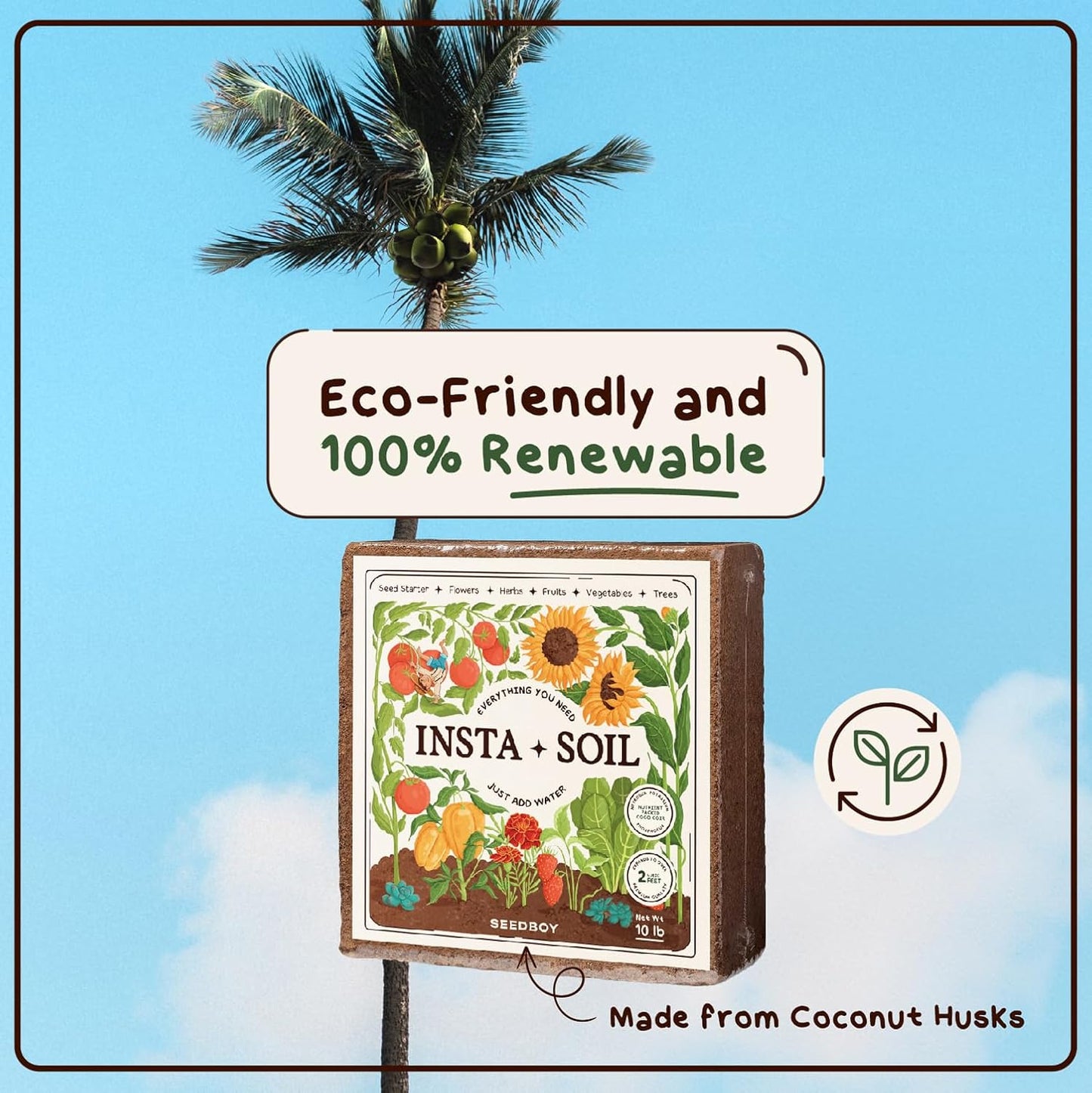 Instasoil™ Nutrient-Rich Potting Soil for Indoor/Outdoor Plants – Compressed Coco Coir– Just Add Water - Expands to 15 Gallons in 5 Minutes - Perfect for Herbs, Vegetables & Microgreens (10Lb Block)