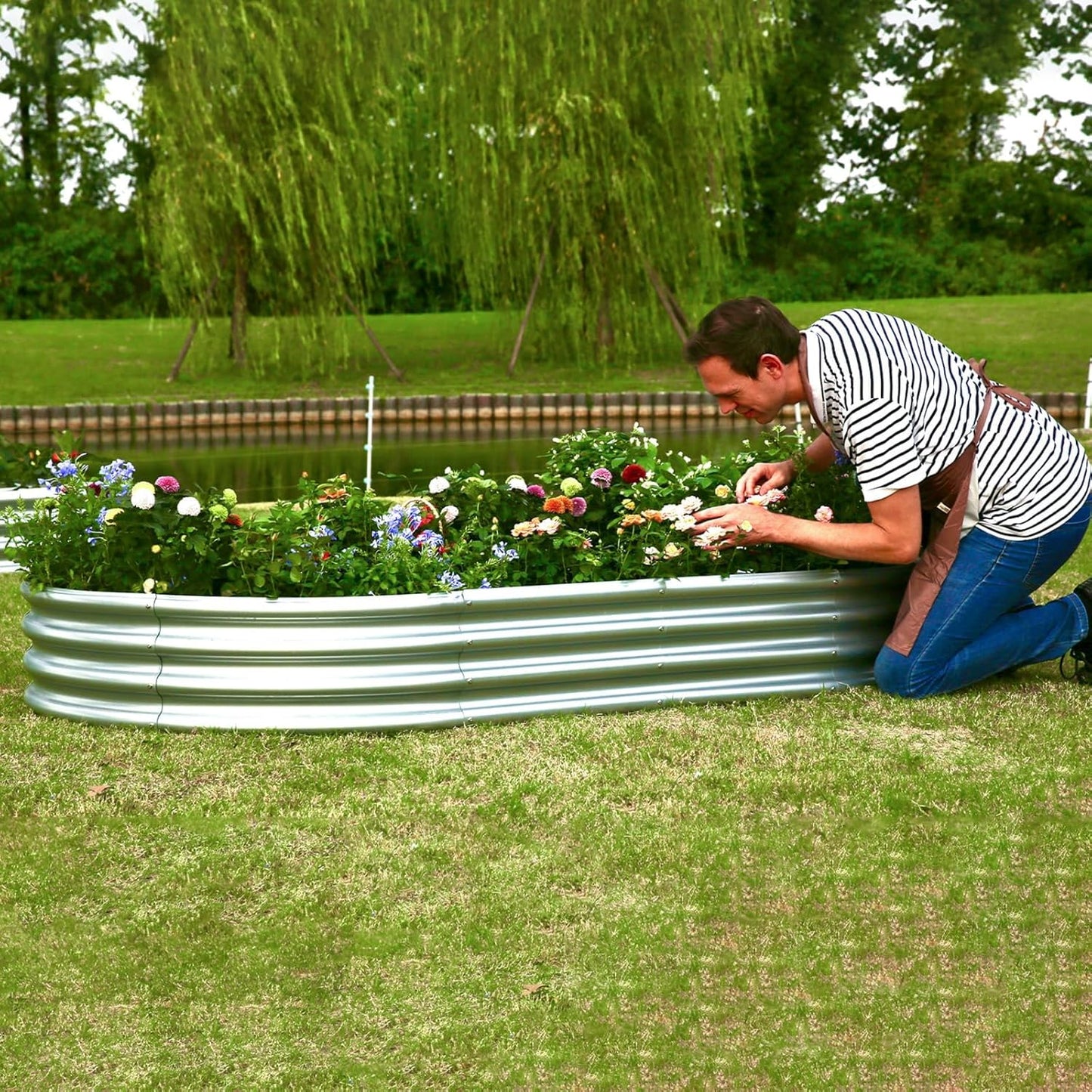 Thickening Galvanized Raised Garden Bed Kit, Tools Free Assembly Planter Box for Outdoor, Oval Larger Space Garden Bed Planter for Herbs, Vegetables, Fruits (Silvery, 6X3X1)