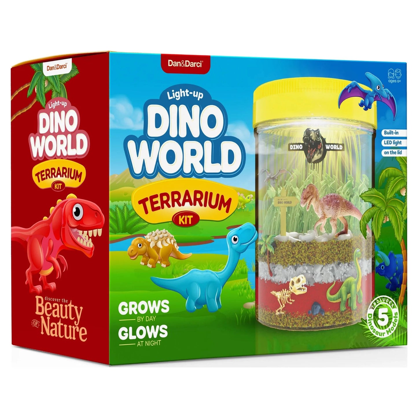 Dino World Terrarium Kit for Kids - LED Light in Lid - Dinosaur Toys Gifts for Boys & Girls Age 3, 4, 5, 6, 7, 8+ Year Old - Dinosaur Garden - Toy Dinosaurs - STEM Science Gardening Kits