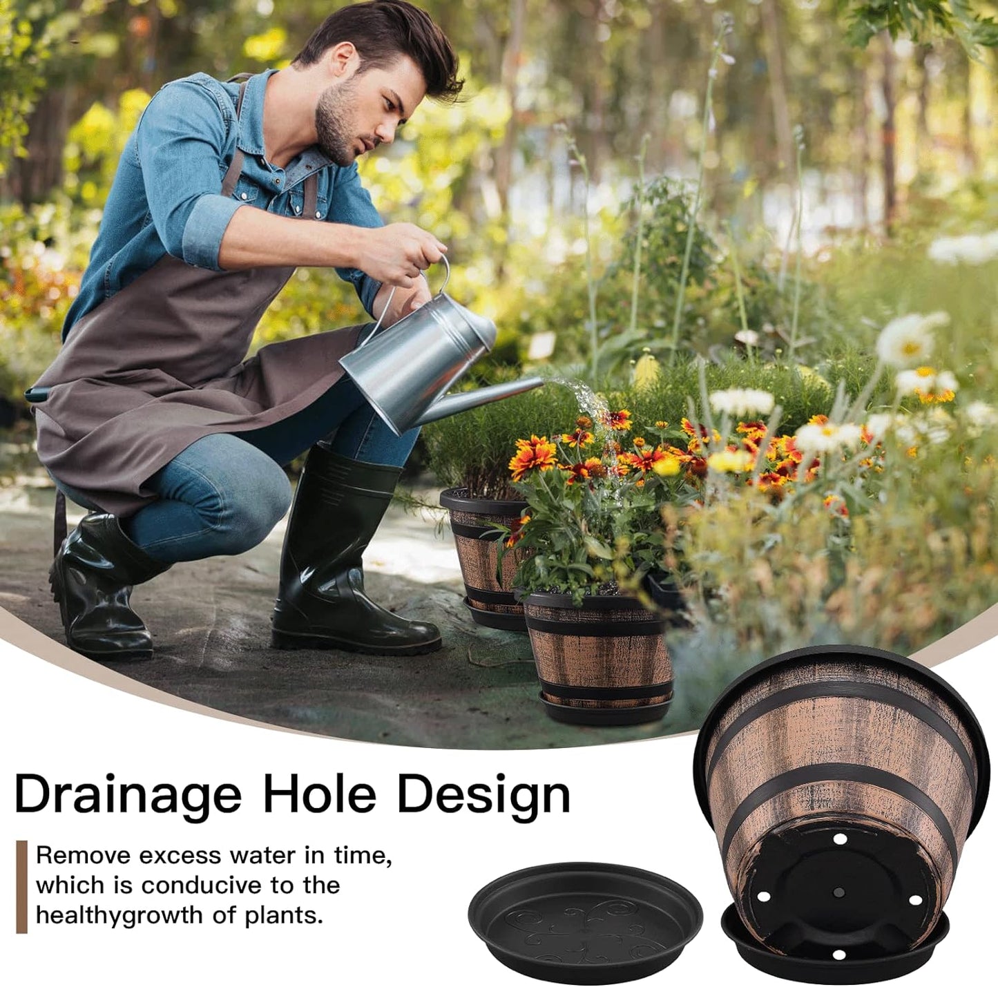 3 Pack 10 inch Plant Pots,Whiskey Barrel Planters with Drainage Holes & Saucer, Plastic Decoration Flower Pots Imitation Wine Barrel Design, for Indoor & Outdoor Garden Home Plants (Brown)