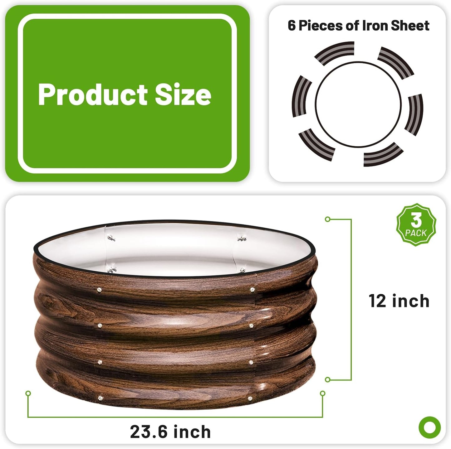 3 Pcs 2x2x1ft Round Galvanized Raised Garden Bed Kit Outdoor, Metal Planter Box for Planting Plants Vegetables, Brown