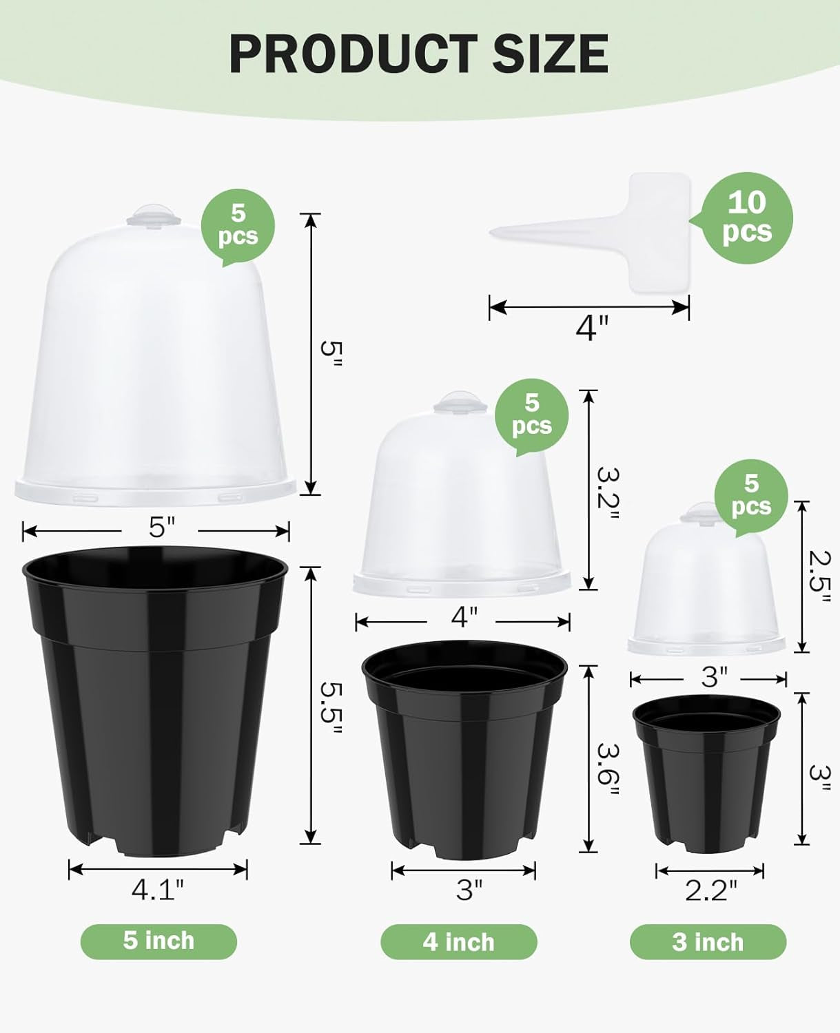 Nursery Pots for Plants,3/4/5 Inch Plant Pot for Planting with Humidity Domes Plastic Seedling with Drainage Holes Seed Starter Flower with 10 Labels Black (15 Pack)