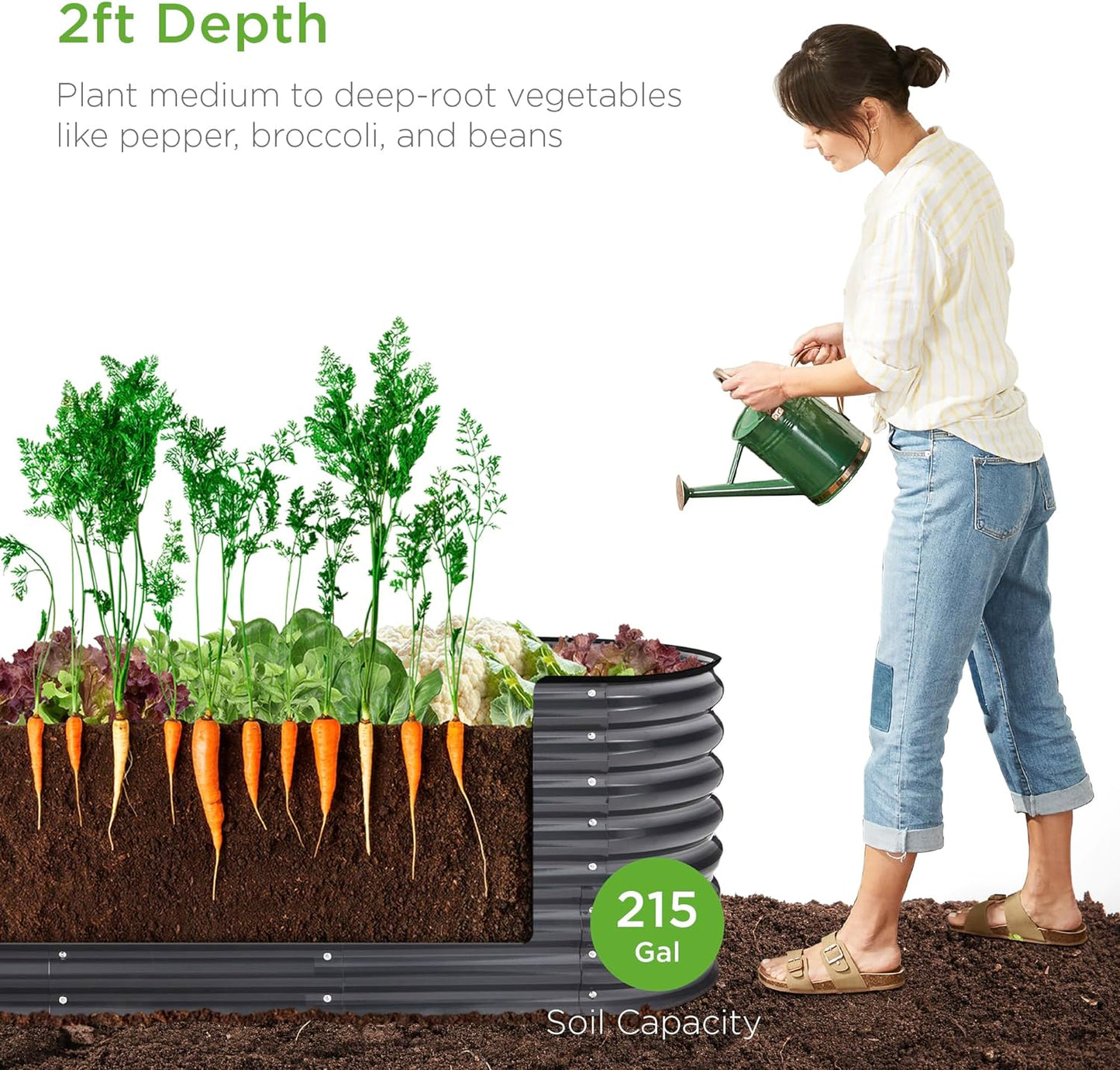 8x2x2ft Metal Raised Garden Bed, Oval Outdoor Deep Root Planter Box for Vegetables, Herbs w/ 4 Support Bars, 215 Gal Capacity - Charcoal