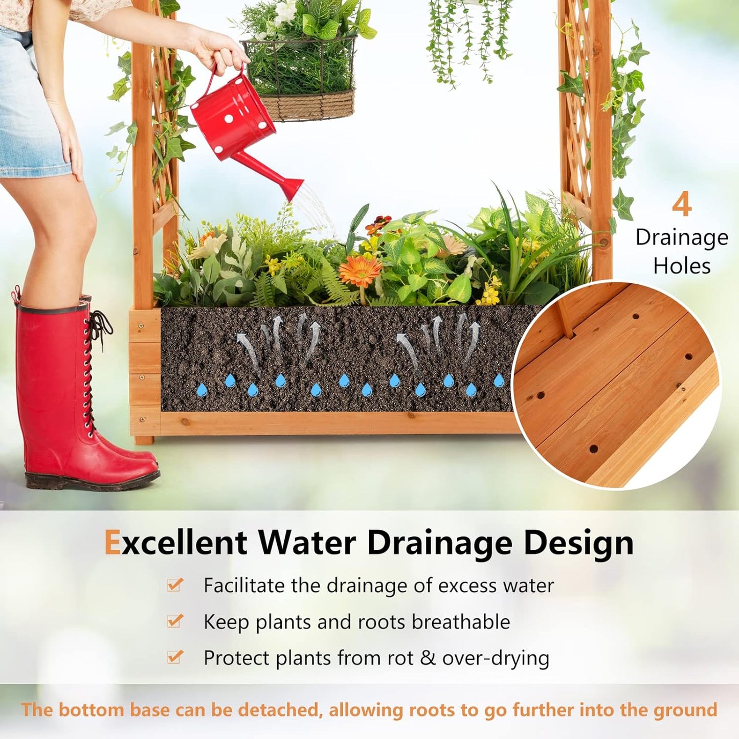 Raised Garden Bed with Arch Trellis, Wood Planter Box with Hanging Roof, Side Trellis, 4 Drainage Holes, Above Ground Elevated Garden Bed for Outdoor Climbing Plants Vines Patio