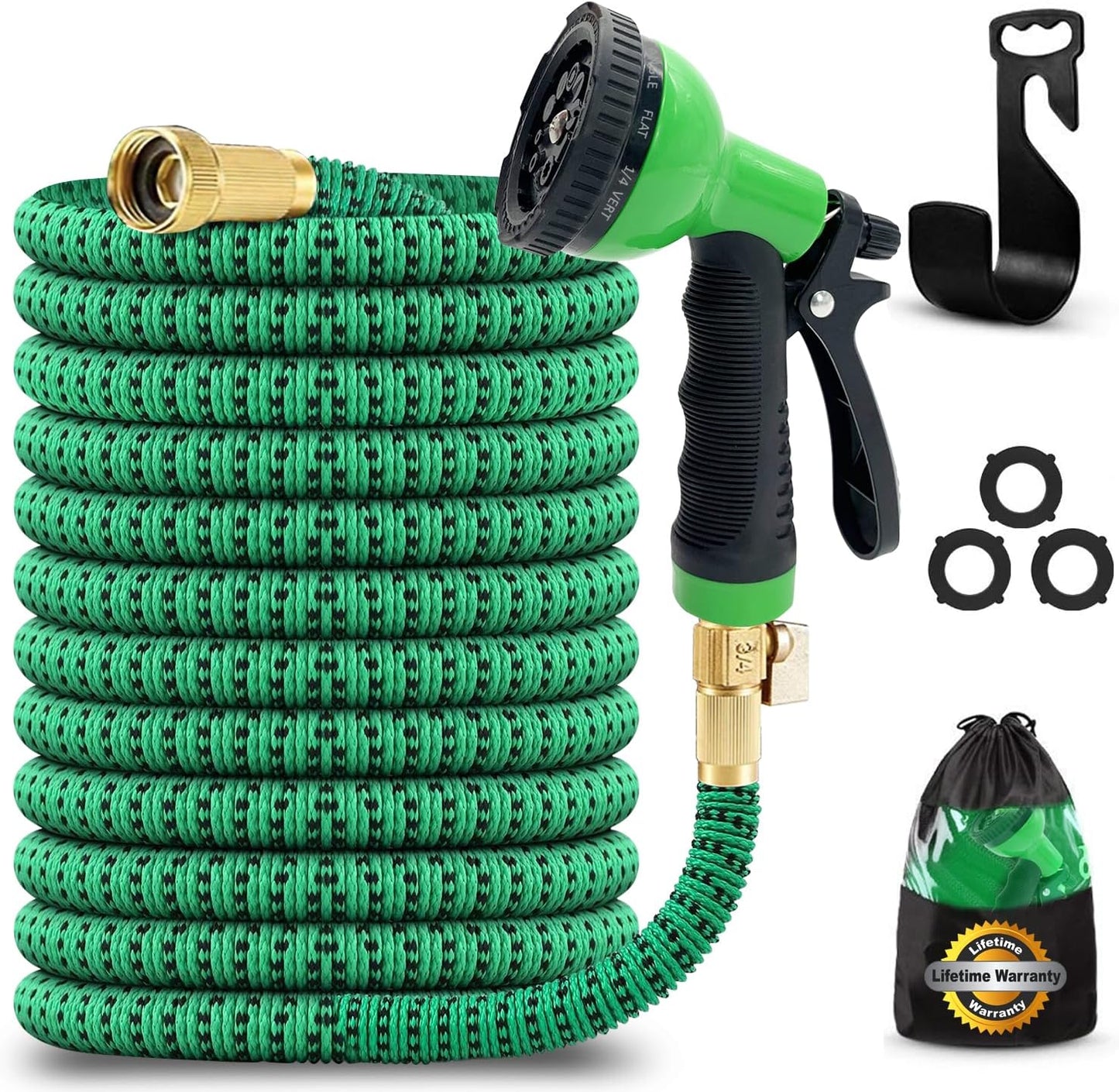 XpandaHose 75ft Expandable Garden Hose with Holder - Heavy Duty Superior Strength 3750D - 4 -Layer Latex Core - Extra Strong Brass Connectors and 10 Spray Nozzle w/Storage Bag (Green 75)