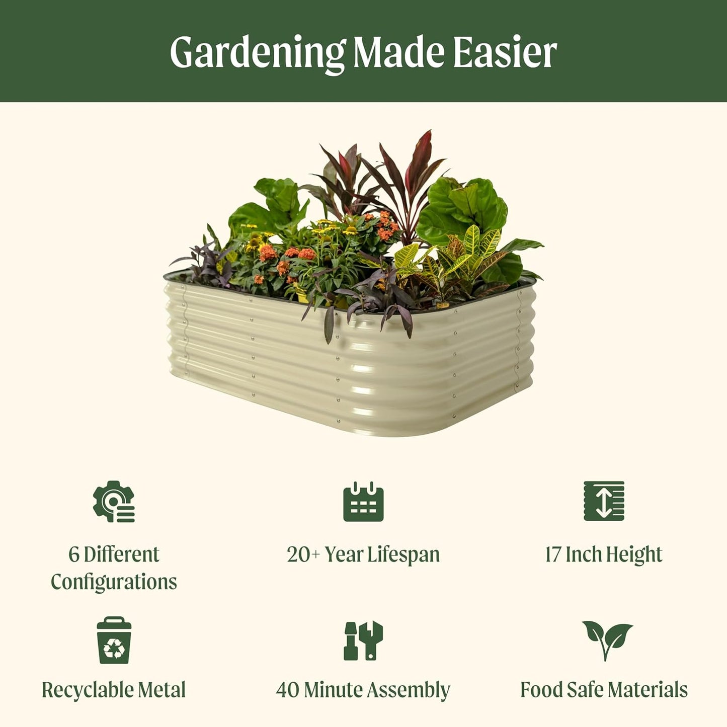 Raised Garden Bed Kits, 17" Tall 6 in 1 Modular Metal Raised Planter Bed for Vegetables Flowers Patio Ground Planter Box-Olive Green