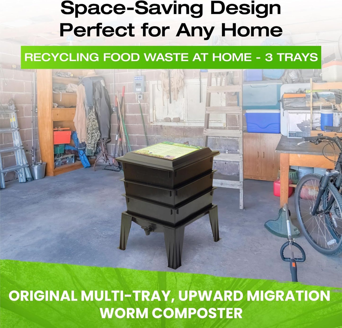 ® Basic 3 Tray Black Worm Composter – US Made, Fully Assembled System for Home Food Waste Recycling – Includes Accessories for Odor-Free Vermicomposting – Durable, Space-Efficient Design.