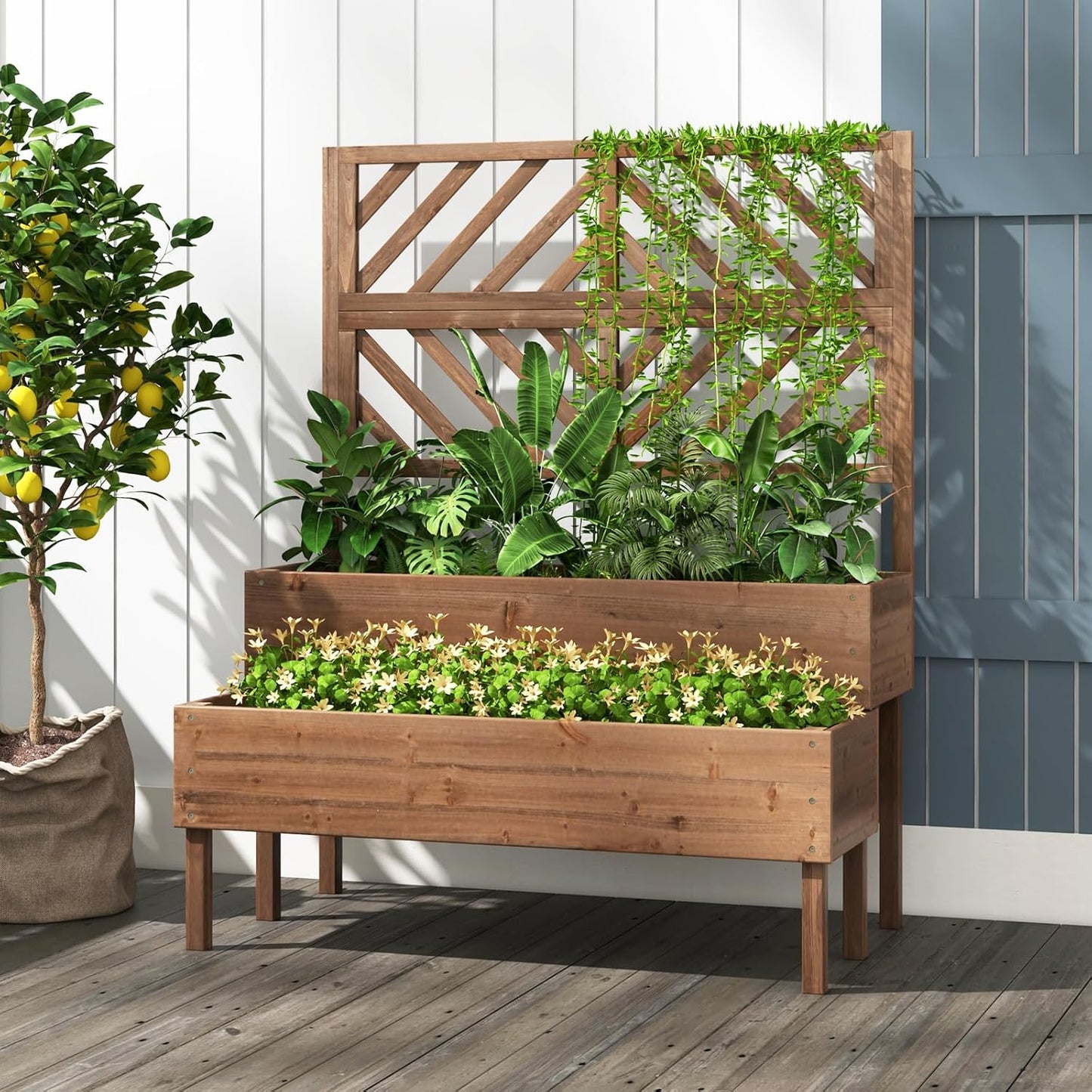 Raised Garden Bed with Trellis & 2 Planter Boxes, 2-Tier Outdoor Wooden Elevated Planter Box with Legs & Drainage Holes, Gardening Planters for Flowers, Herbs, Vegetables & Fruits(Brown)