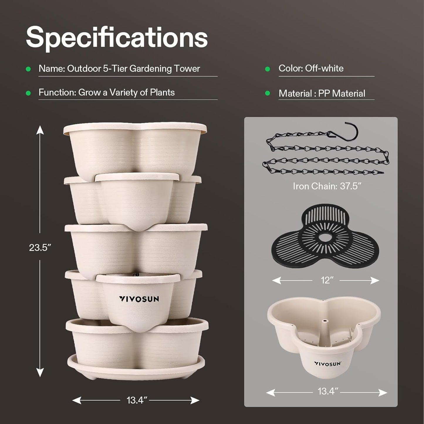 2-Pack 5 Tier Vertical Gardening Stackable Planter for Strawberries, Flowers, Herbs, Vegetables, Ivory