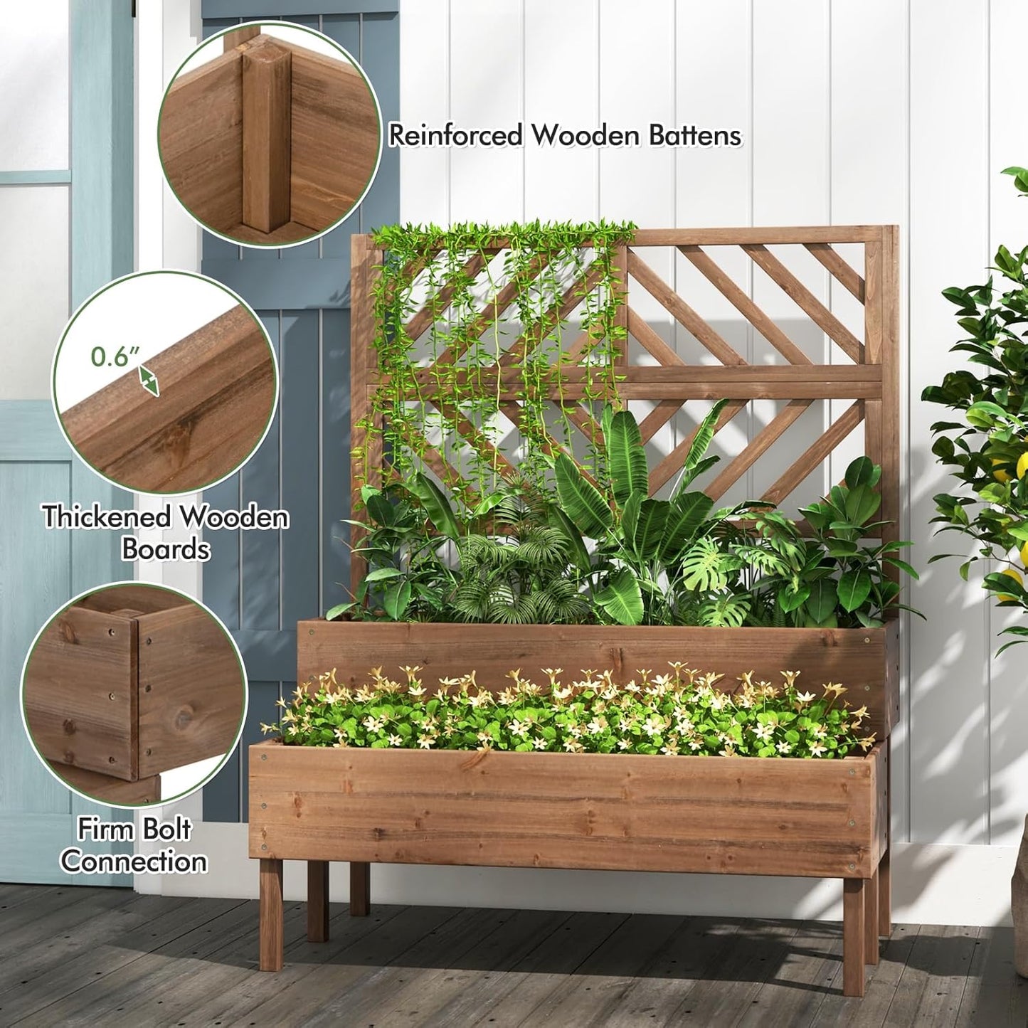 Raised Garden Bed with Trellis & 2 Planter Boxes, 2-Tier Outdoor Wooden Elevated Planter Box with Legs & Drainage Holes, Gardening Planters for Flowers, Herbs, Vegetables & Fruits(Brown)