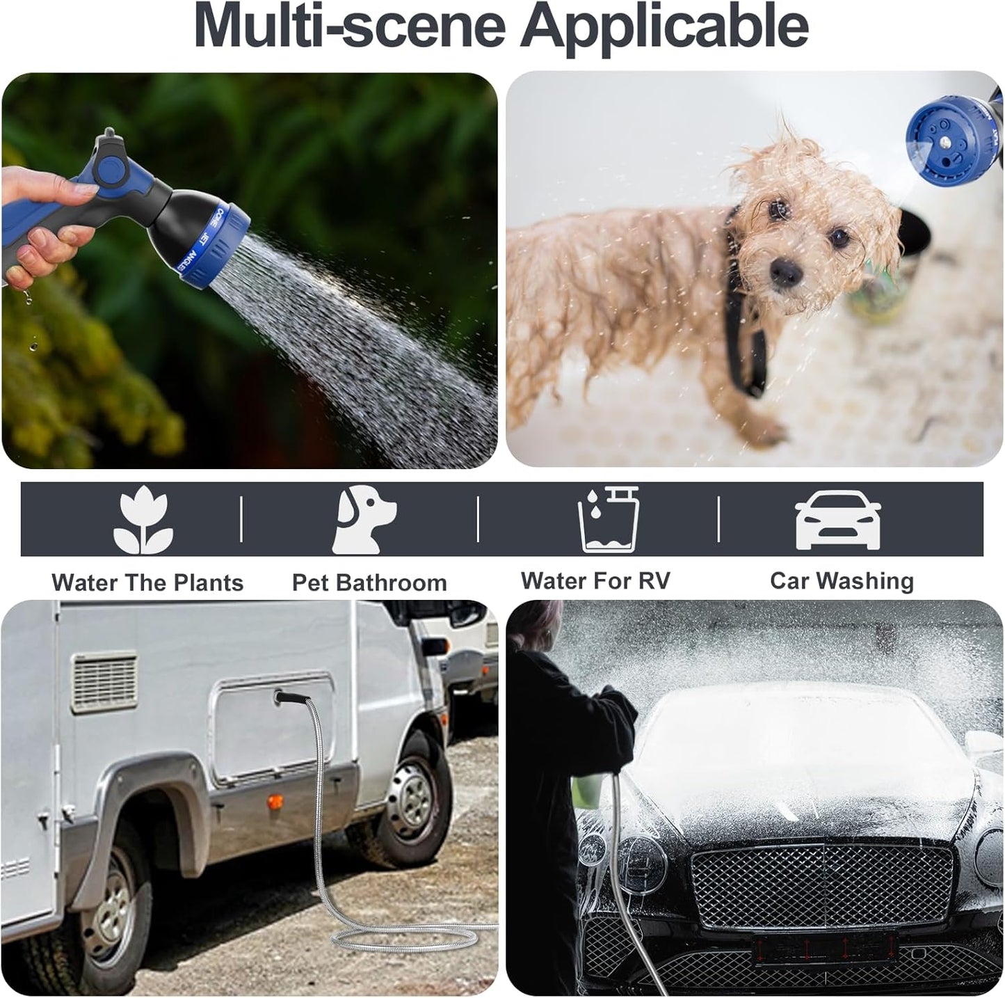 50ft 304 Stainless Steel Garden Hose Metal, Heavy Duty Water Pipe with Nozzles for Yard, Outdoor - Flexible, Never Kink & Tangle, Puncture Resistant (Sliver)