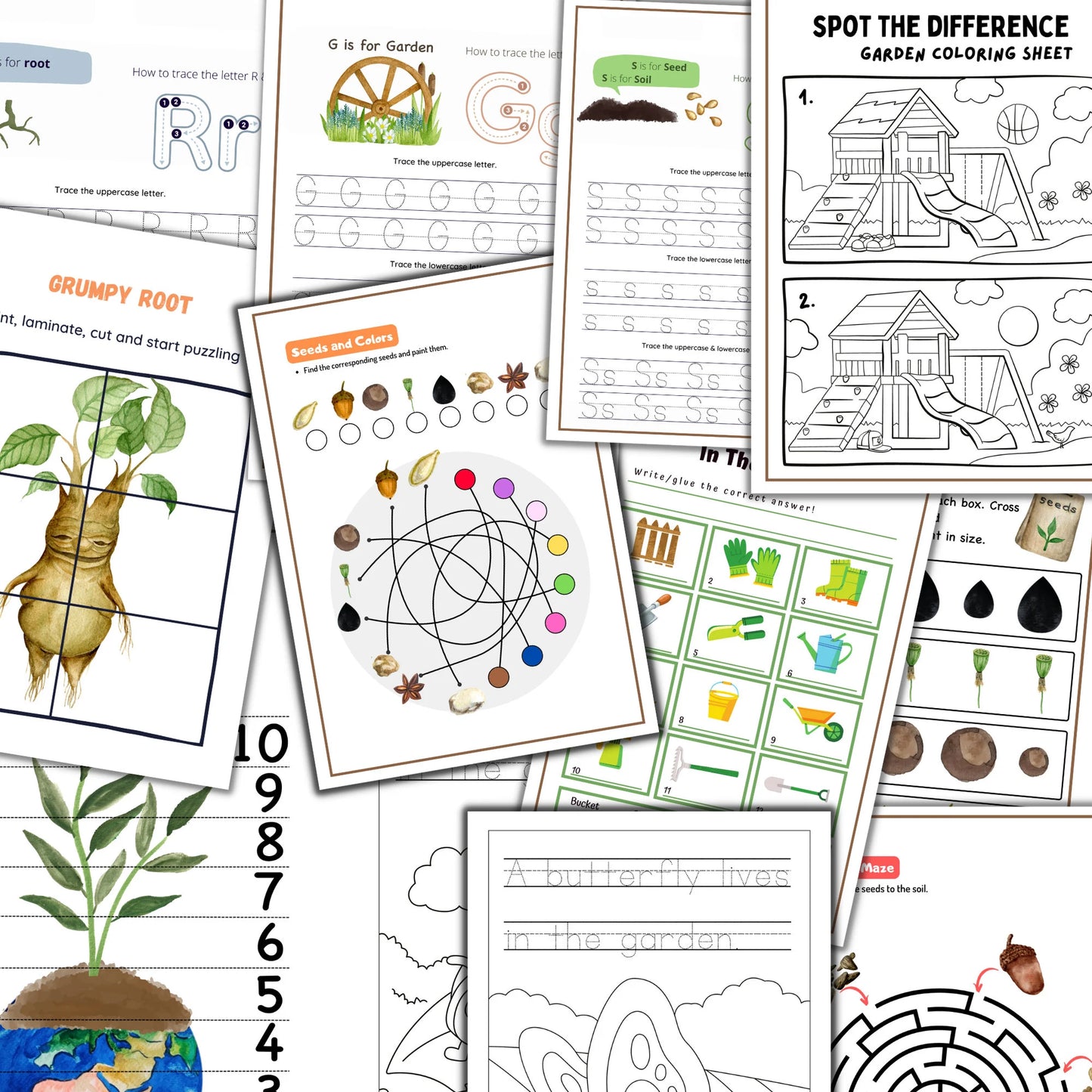 Garden unit study, Roots anatomy, seed anatomy, soil layers, roots montessori 3 part cards, types of soil,germination activity, spring unit