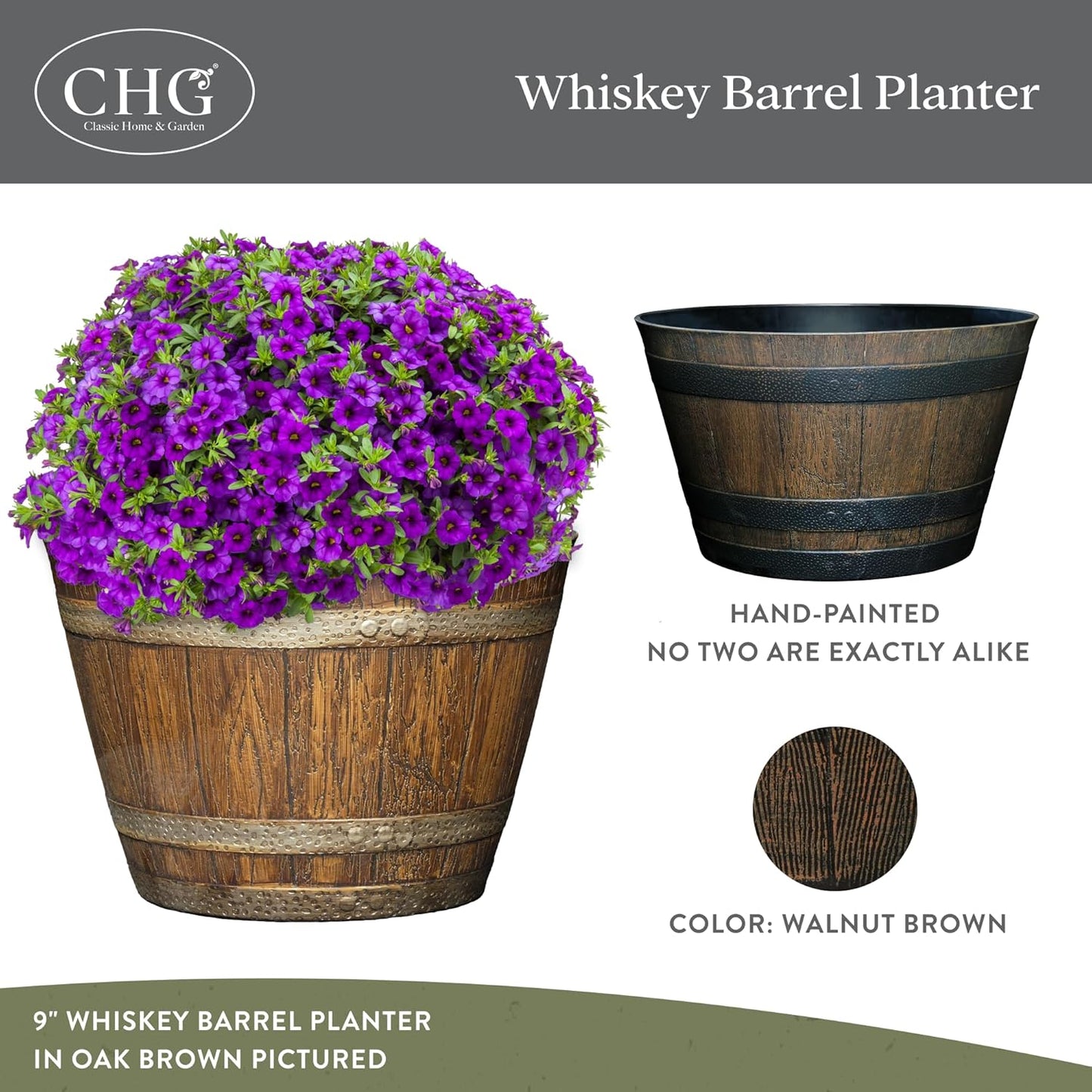Whiskey Barrel Planter, 20.5", Walnut Brown