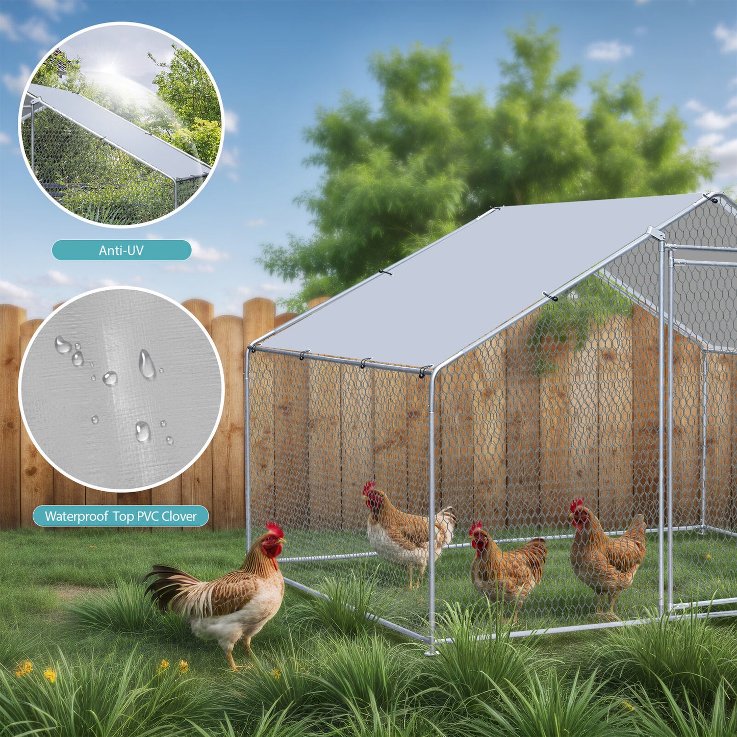10x6FT Metal Chicken Coop Walk-in Poultry Cage Chicken Runs with Roof Cover Yard