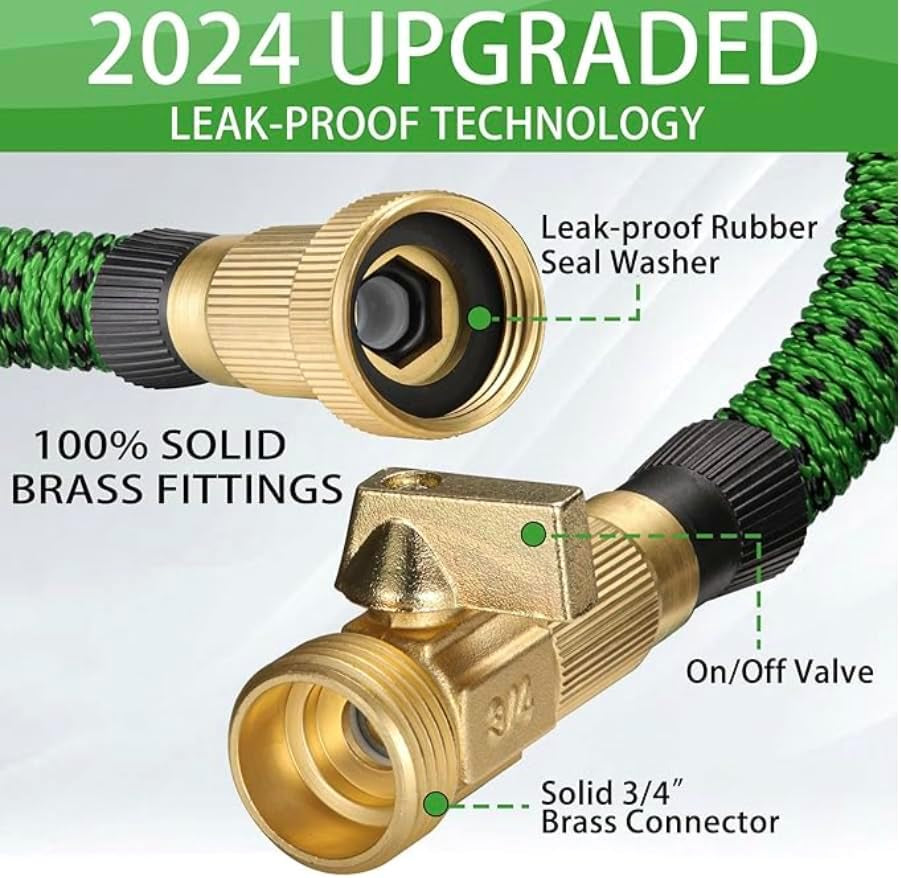 XpandaHose 75ft Expandable Garden Hose with Holder - Heavy Duty Superior Strength 3750D - 4 -Layer Latex Core - Extra Strong Brass Connectors and 10 Spray Nozzle w/Storage Bag (Green 75)
