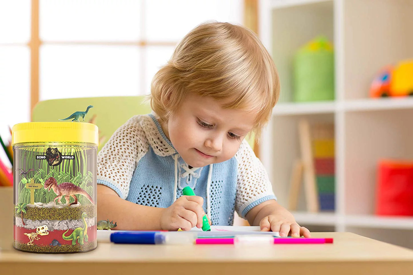 Dino World Terrarium Kit for Kids - LED Light in Lid - Dinosaur Toys Gifts for Boys & Girls Age 3, 4, 5, 6, 7, 8+ Year Old - Dinosaur Garden - Toy Dinosaurs - STEM Science Gardening Kits