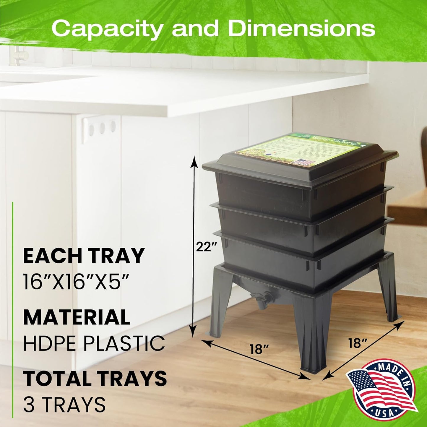 ® Basic 3 Tray Black Worm Composter – US Made, Fully Assembled System for Home Food Waste Recycling – Includes Accessories for Odor-Free Vermicomposting – Durable, Space-Efficient Design.