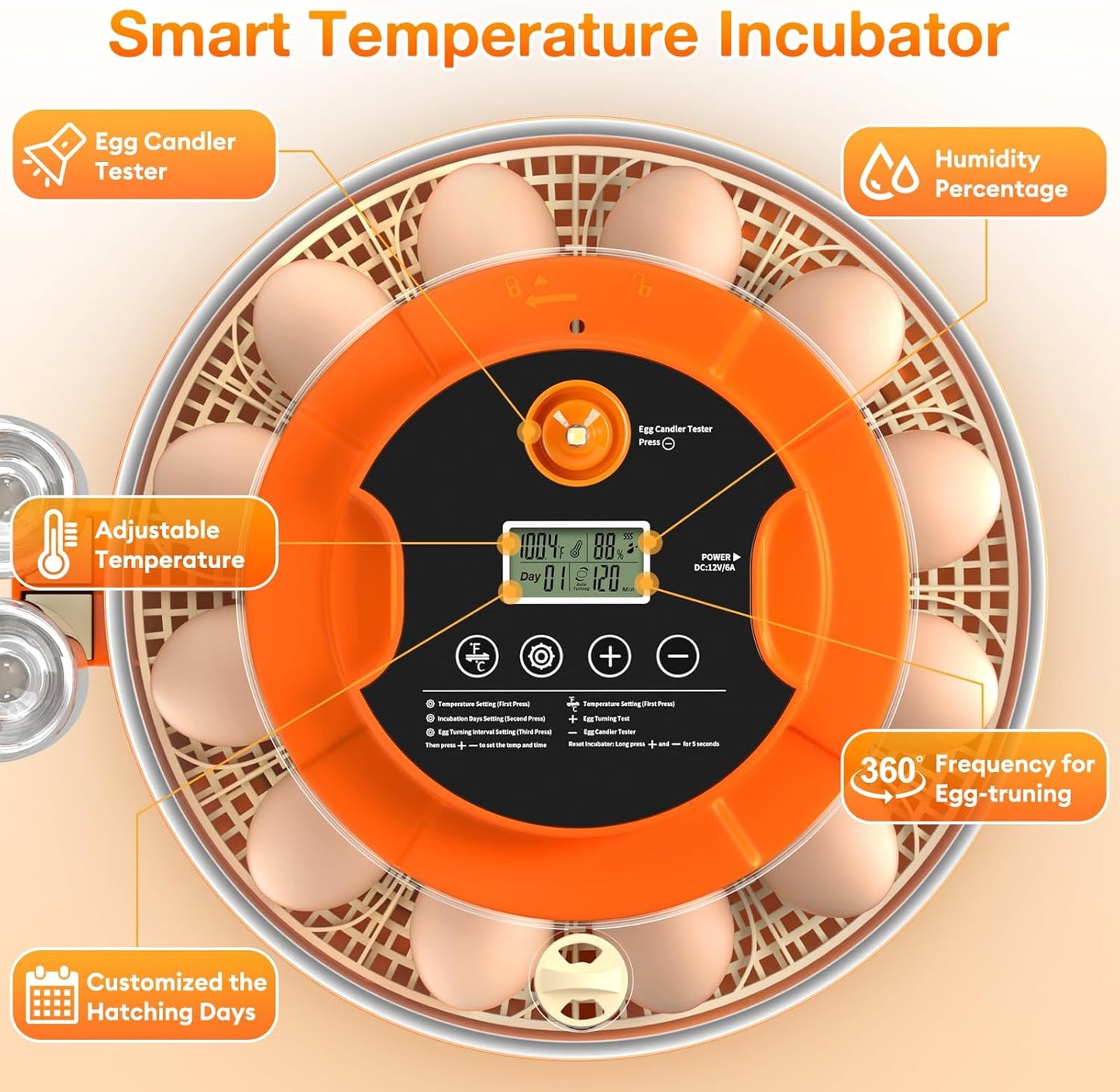 18 Egg Incubator with Automatic Egg Turning and Humidity Control, Incubators for Hatching Eggs, Chicken, Ducks, Goose, Pigeon, Quail, Parrot Incubator for Farm, Lab, Science Classroom, Home (Orange)