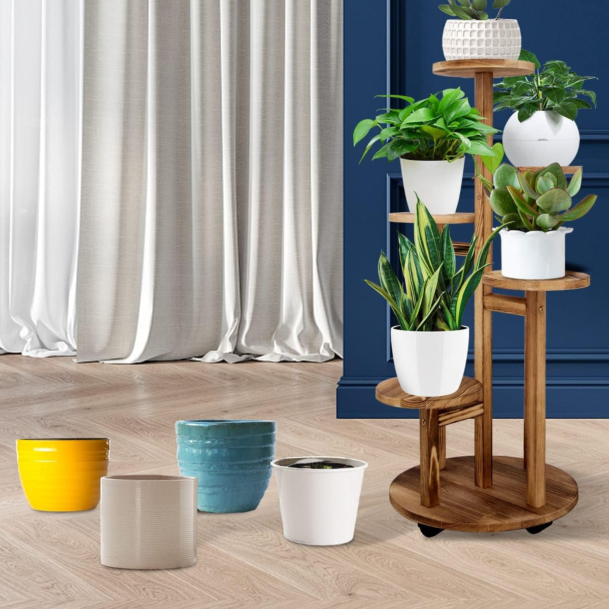 5 Tiered Tall Plant Stand for Indoor, Wood Plant Shelf Corner Display Rack, Multi-Tier Planter Pot Holder Flower Stand for Living Room Balcony Garden Patio (Walnut)