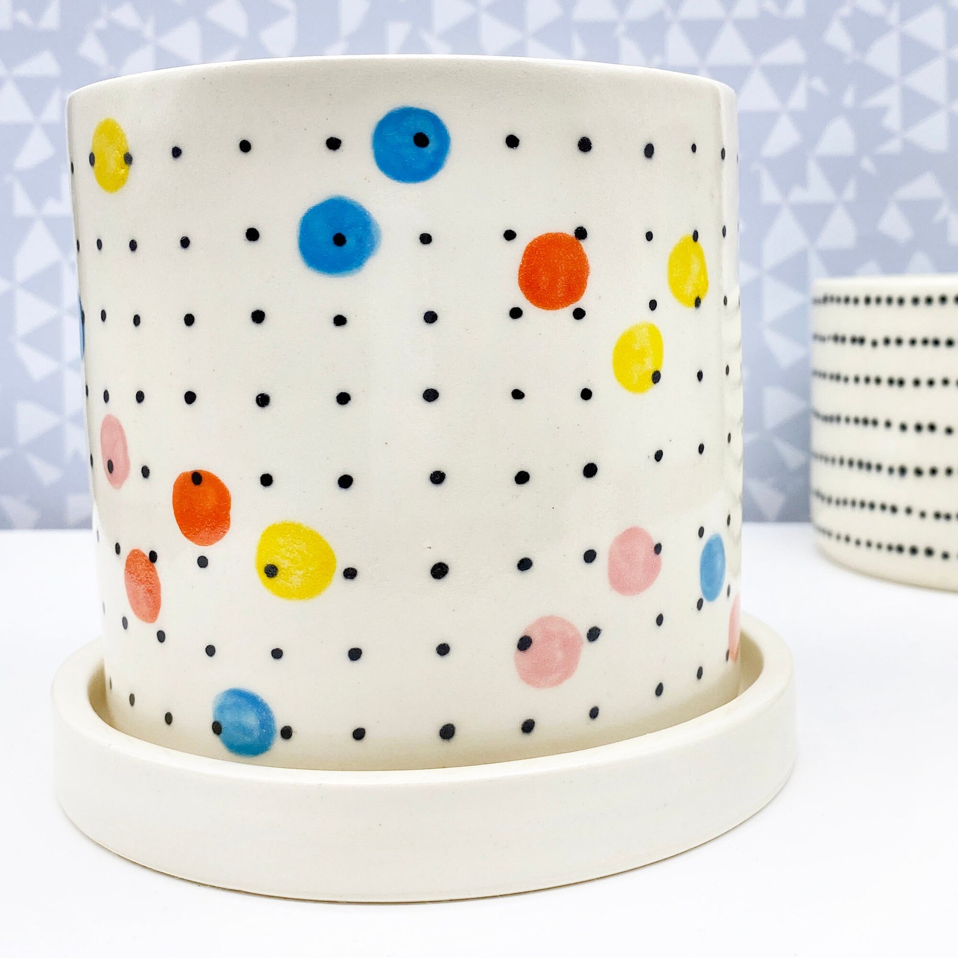 Colored Multi Dot Ceramic Planter-medium with drainage tray