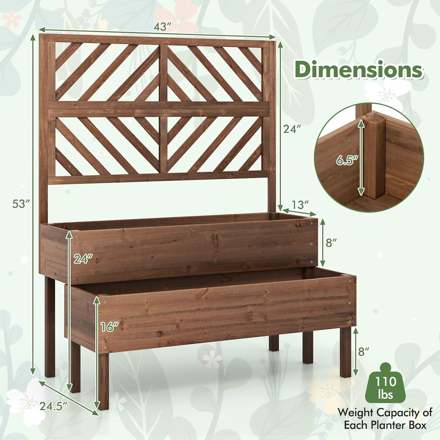 Raised Garden Bed with Trellis & 2 Planter Boxes, 2-Tier Outdoor Wooden Elevated Planter Box with Legs & Drainage Holes, Gardening Planters for Flowers, Herbs, Vegetables & Fruits(Brown)