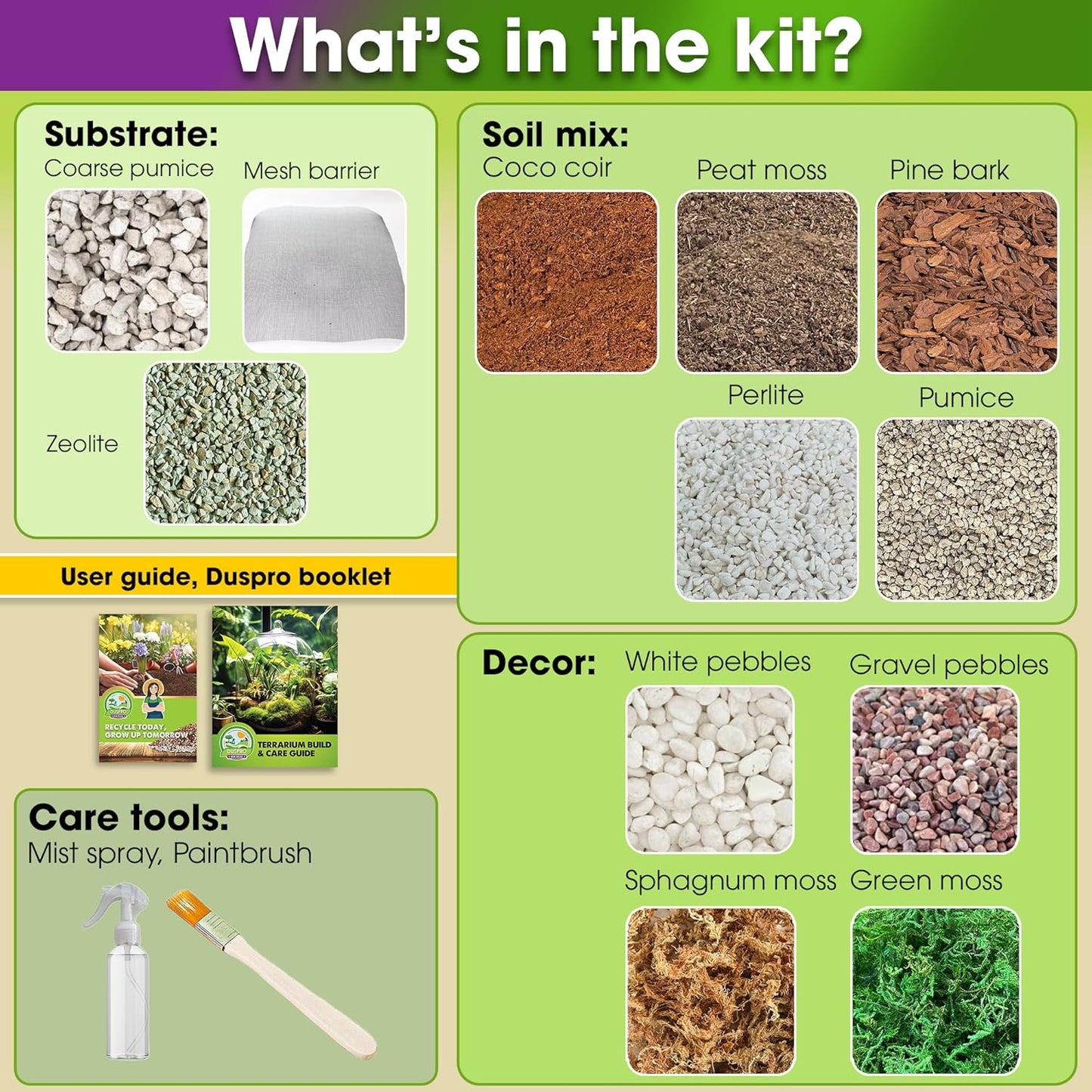 Recycle Terrarium Kit, Include Terrarium Potting Soil, Pumice, Zeolite, Green Moss, Sphagnum Moss, Decorative Stone, Mesh, Tools, DIY Terrarium Starter Kit for Kids, Air Plant, Succulent