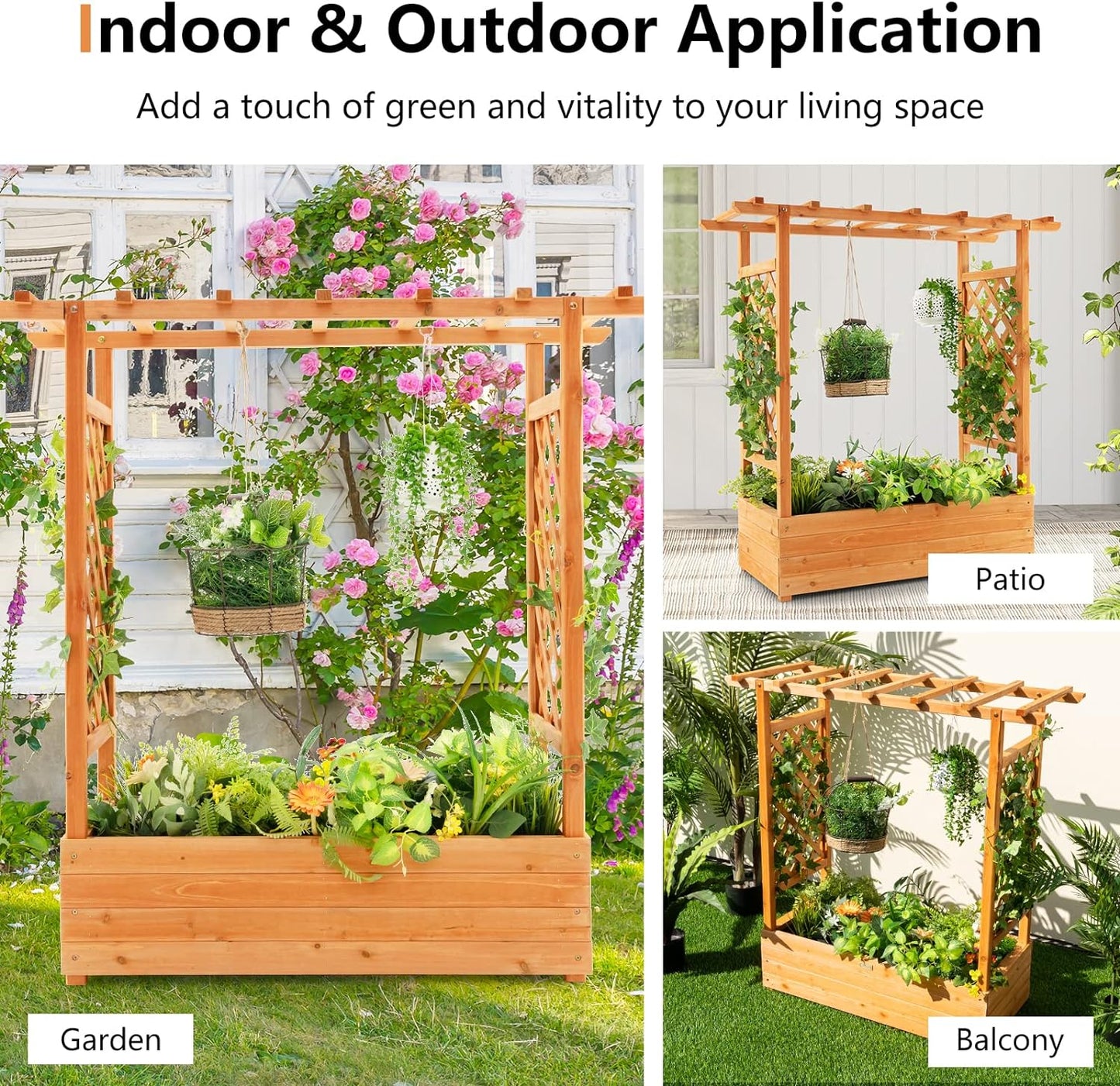 Raised Garden Bed with Arch Trellis, Wood Planter Box with Hanging Roof, Side Trellis, 4 Drainage Holes, Above Ground Elevated Garden Bed for Outdoor Climbing Plants Vines Patio