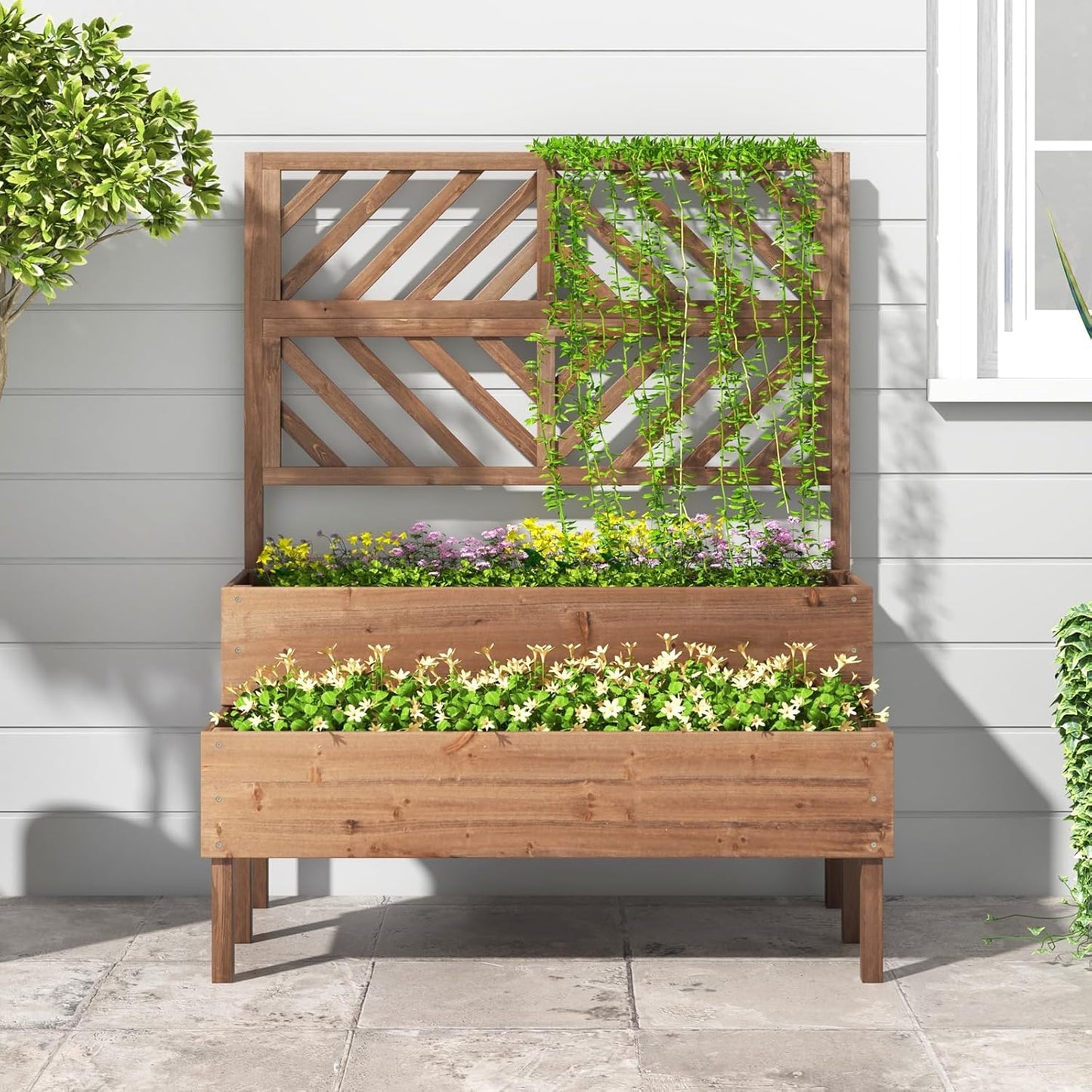 Raised Garden Bed with Trellis & 2 Planter Boxes, 2-Tier Outdoor Wooden Elevated Planter Box with Legs & Drainage Holes, Gardening Planters for Flowers, Herbs, Vegetables & Fruits(Brown)