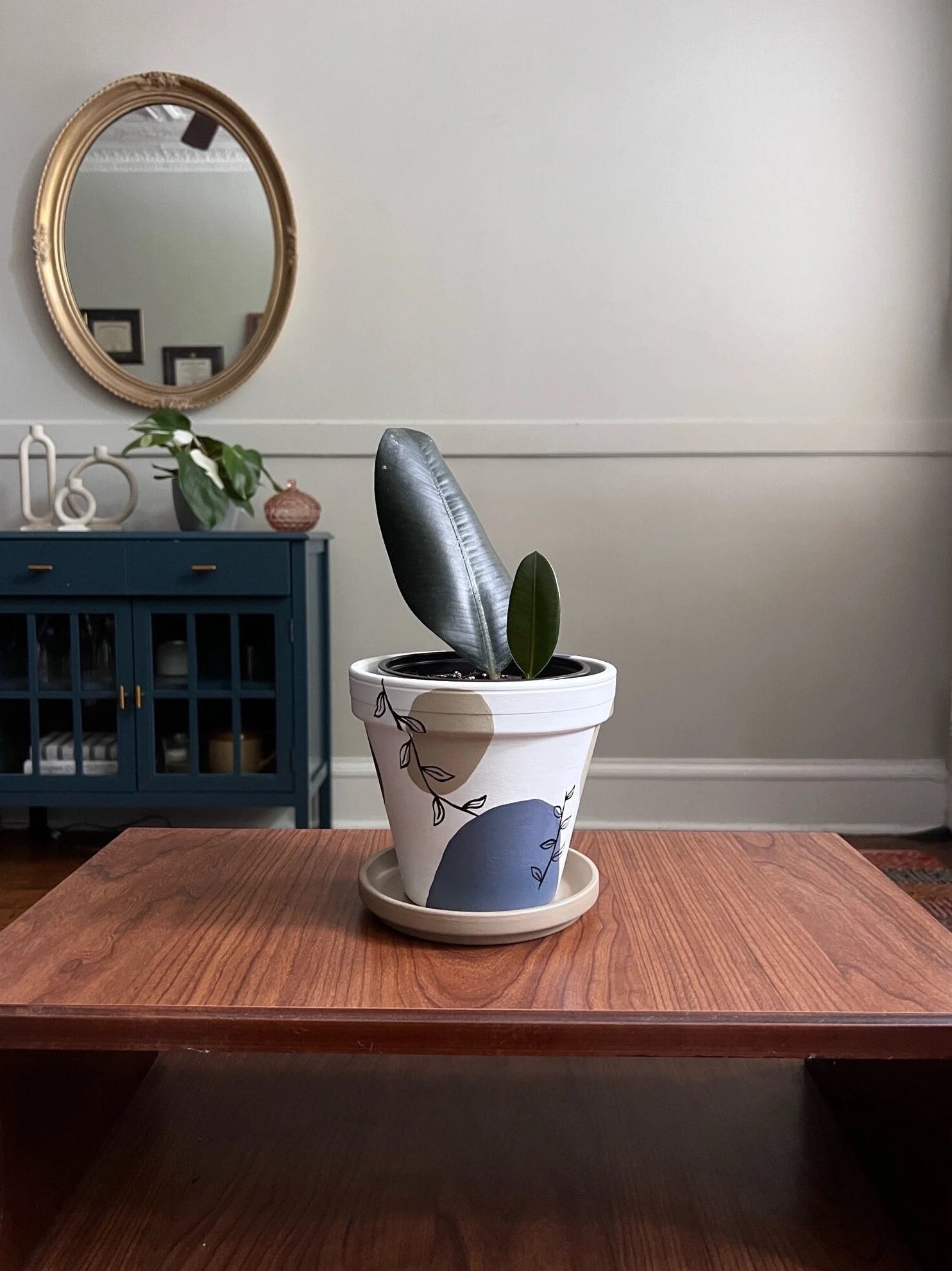 Spotted Floral Hand Painted Pot — White/Blue/Tan | Drainage | Indoor Planter | Terracotta Pot | Gift for Plant Lovers | Plant Home Decor