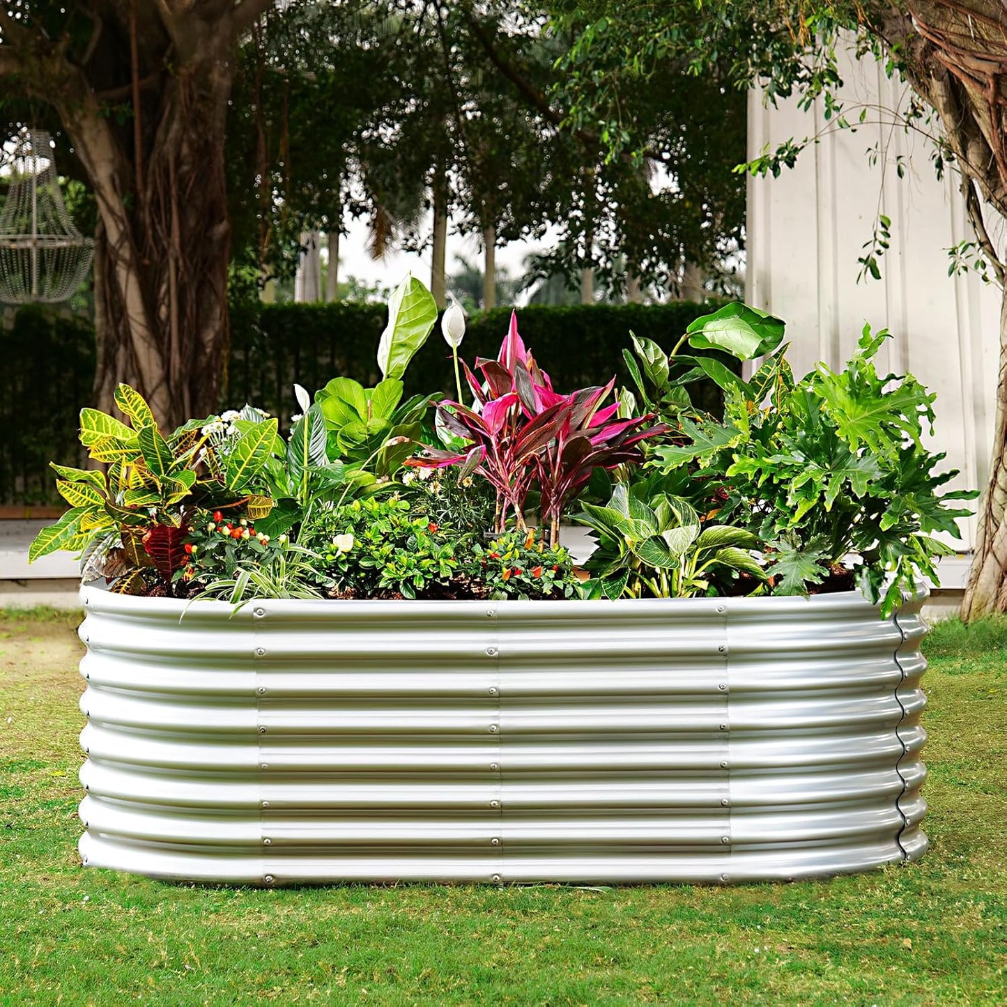 24“ Tall Galvanized Raised Garden Bed Kit, Galvanized Planter Garden Boxes Outdoor, Oval Large Metal Raised Garden Bed for Vegetables (Classic Silver, 4×2×2ft)