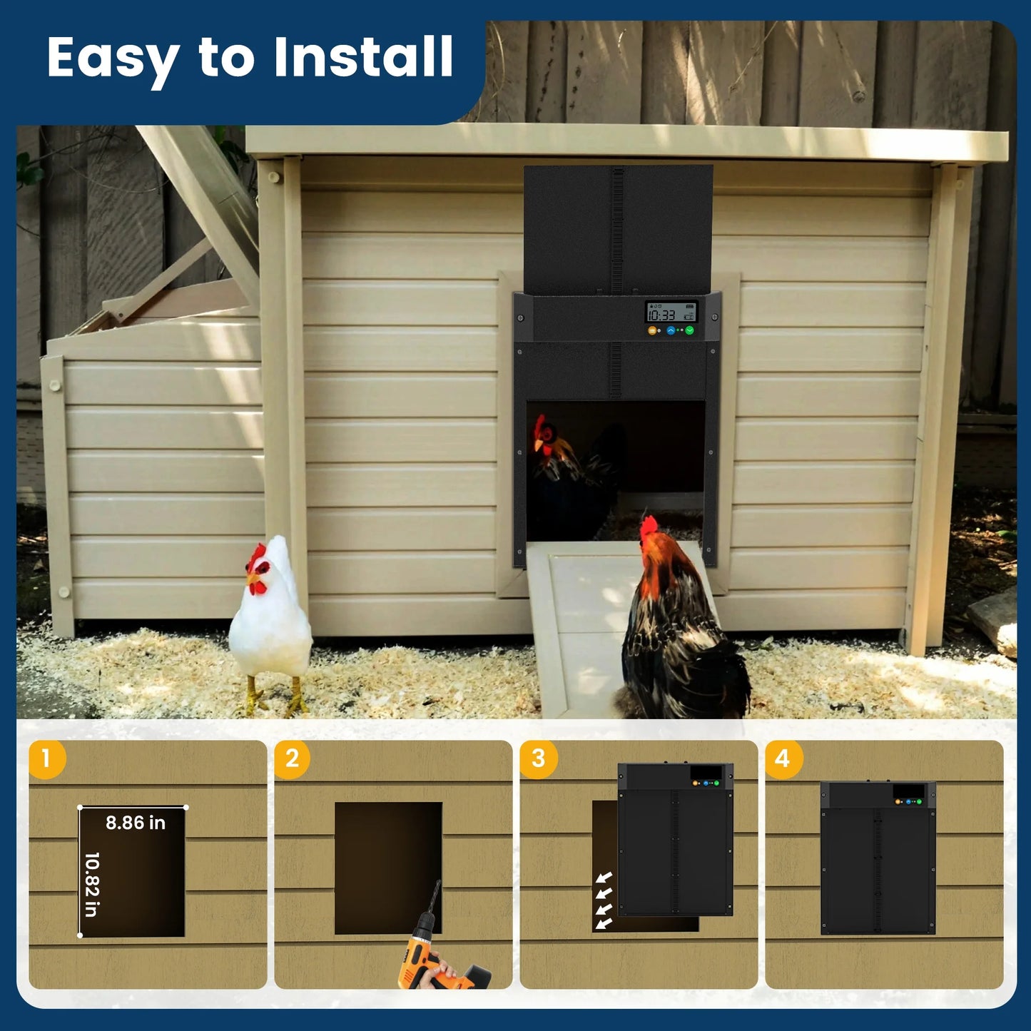 Solar Automatic Chicken Coop Door, Chicken Coop Door Opener with LCD Screen, Light Sensor/ Timer/ Remote Control Auto chicken Doors, Anti Pinch Waterproof Coop Door, Ideal for Chicken Breeding