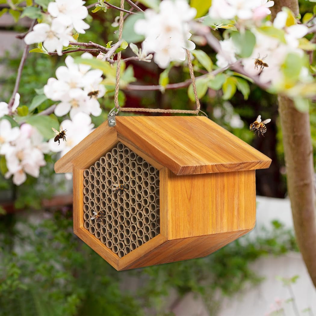 Mason Bee House Wax Coated Bee House, Bee Hotel for the Garden,Pollinator House Waterproof, Natural Handmade Wooden Mason Bee Hotel for Pollinating Bees Garden Supplies,Attracts Peaceful Bee