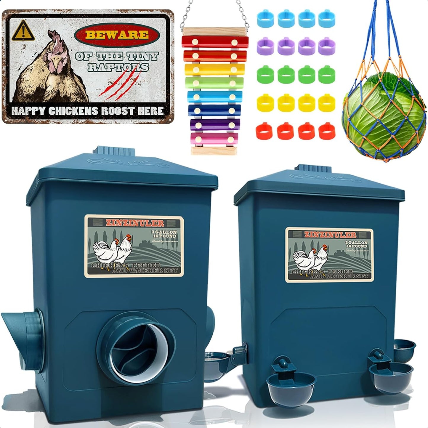 Automatic Port Chicken Feeder and Cup Waterer Set - Chicken Coop Accessories, No Waste Poultry Feeder, 3 Gallon/16 Pounds