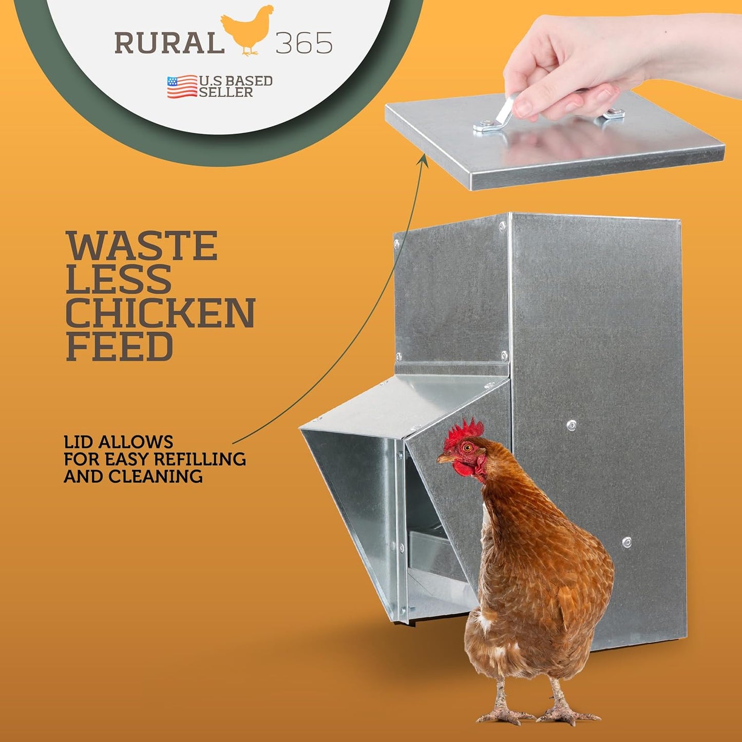 11.5lb Capacity Galvanized Chicken Feeder - Rat Proof Poultry Feeder with Lid Weatherproof Outdoor Coop Food Dispenser
