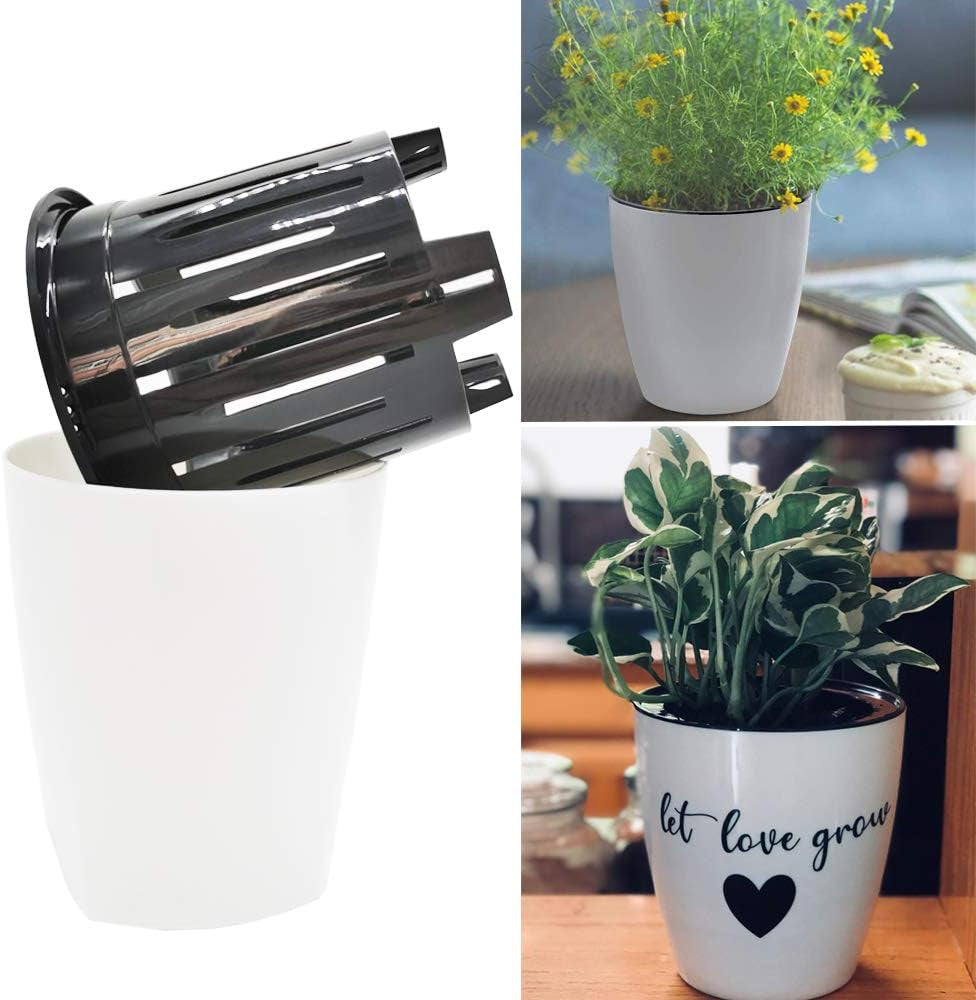 8 Pack 4 Inch Self Watering Plastic Planter with Inner Pot White Flower Plant Pot,Modern Decorative Flower Pot for All House Plants,Flowers,Herbs,African Violets