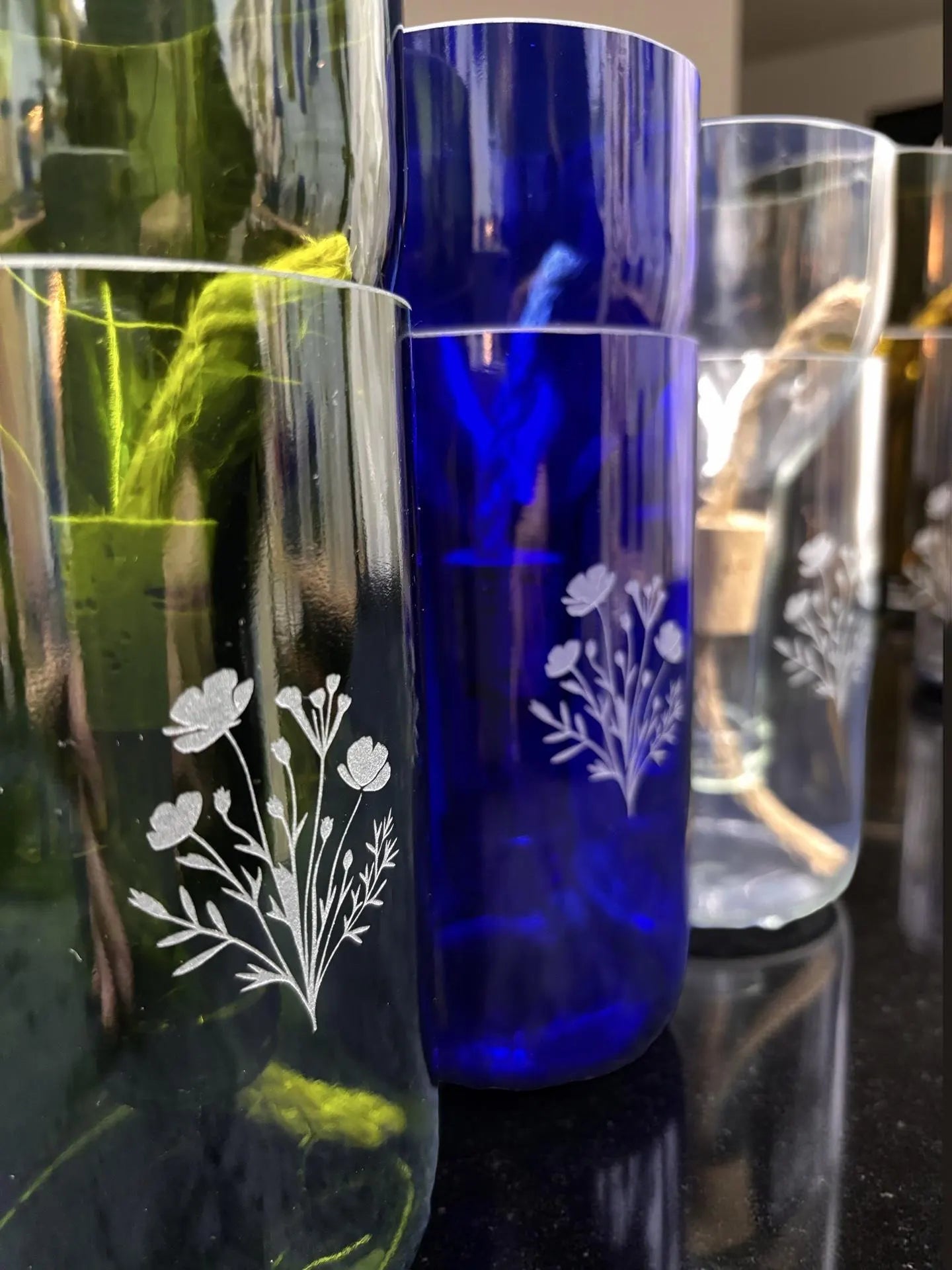 Etched African Violet Wine Bottle Hydro Planter (1) One - (Self Watering) Eco Friendly, Grow Indoors, Eco Planter, DIY Planter Kit