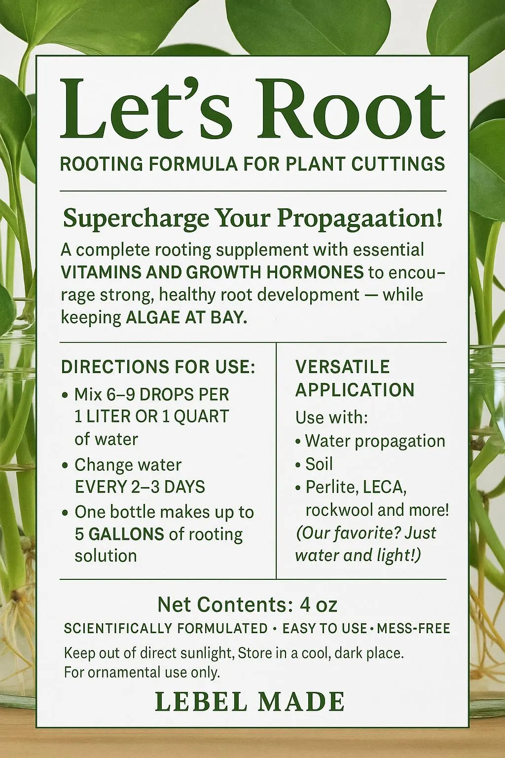 Let’s Root Plant Cutting Rooting Formula | 4 oz Bottle | Propagation Supplement for Water, Soil, LECA