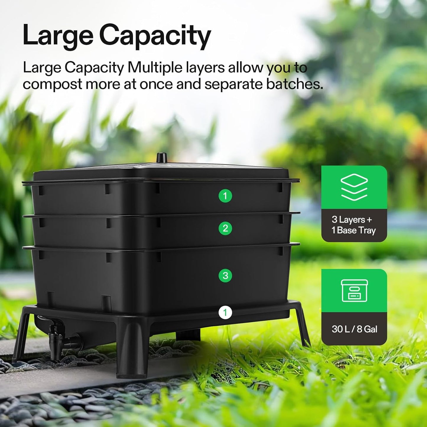 3-Layer Worm Compost Bin, 30L Worm Composter, Easy Setup Inclusive Worm Farm Kit for Recycling Food Waste