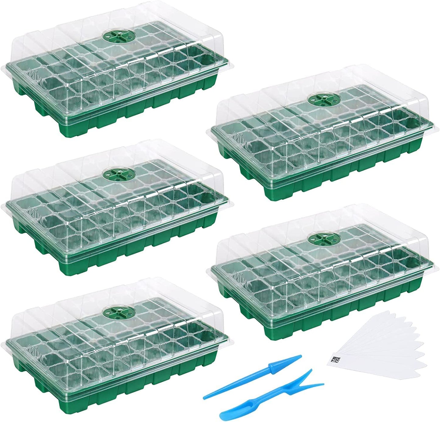Seedling Trays Seed Starter Tray, 5-Pack Mini Propagator Plant Greenhouse Grow Kit with Humidity Vented Domes and Base for Seeds' Starting (40 Cells Per Tray, Total 200 Cells), Green