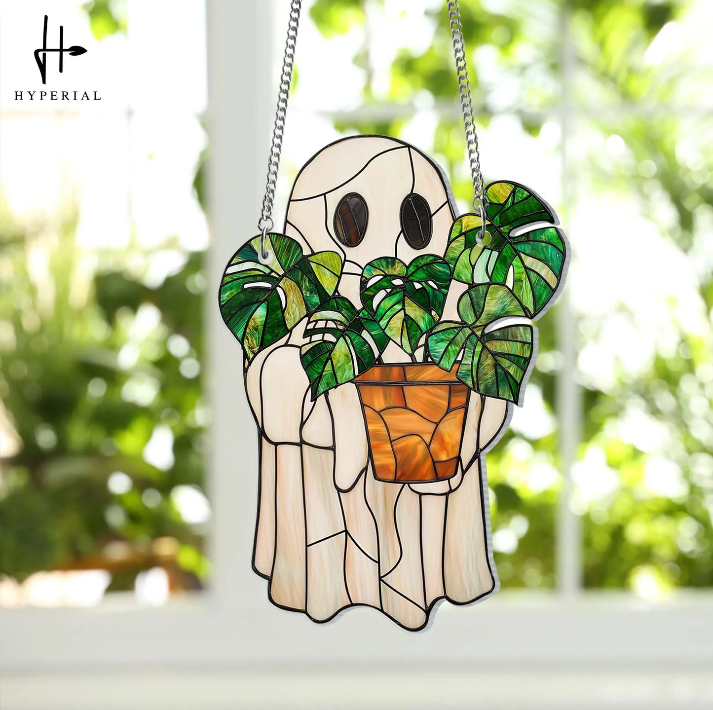 Cute Ghost Plant ACRYLIC Suncatcher, Ghost and Monstera Acrylic Ornament, Halloween Ghost Window Hangings, Plant Lovers Gift, Gift For Mom