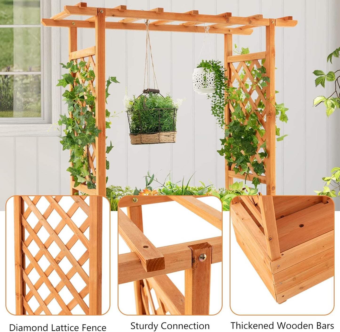 Raised Garden Bed with Arch Trellis, Wood Planter Box with Hanging Roof, Side Trellis, 4 Drainage Holes, Above Ground Elevated Garden Bed for Outdoor Climbing Plants Vines Patio