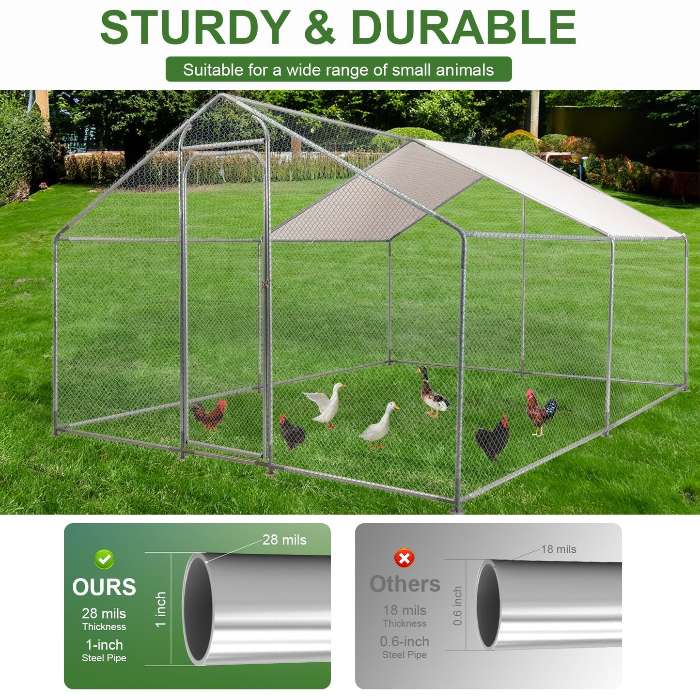 Large Metal Chicken Coop,Walk-in Hen House w/Cover,Poultr