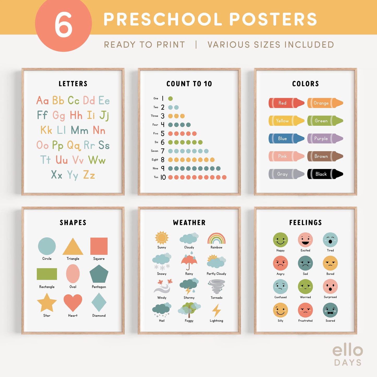 Toddler Preschool Educational Posters, Set of 6 Classroom Prints, Montessori Homeschool Wall Art, Playroom Decor