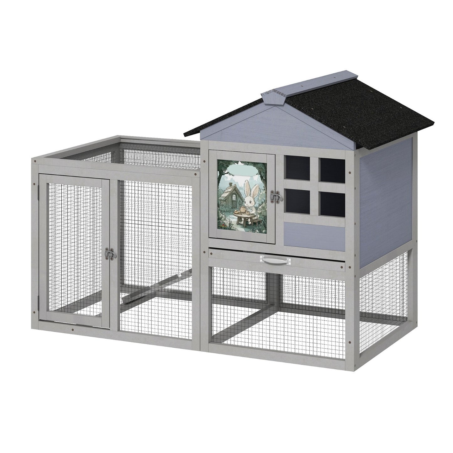 48"L Wooden Rabbit Hutch Large Chicken Coop W/ Removable Tray&Roof In/Outdoor