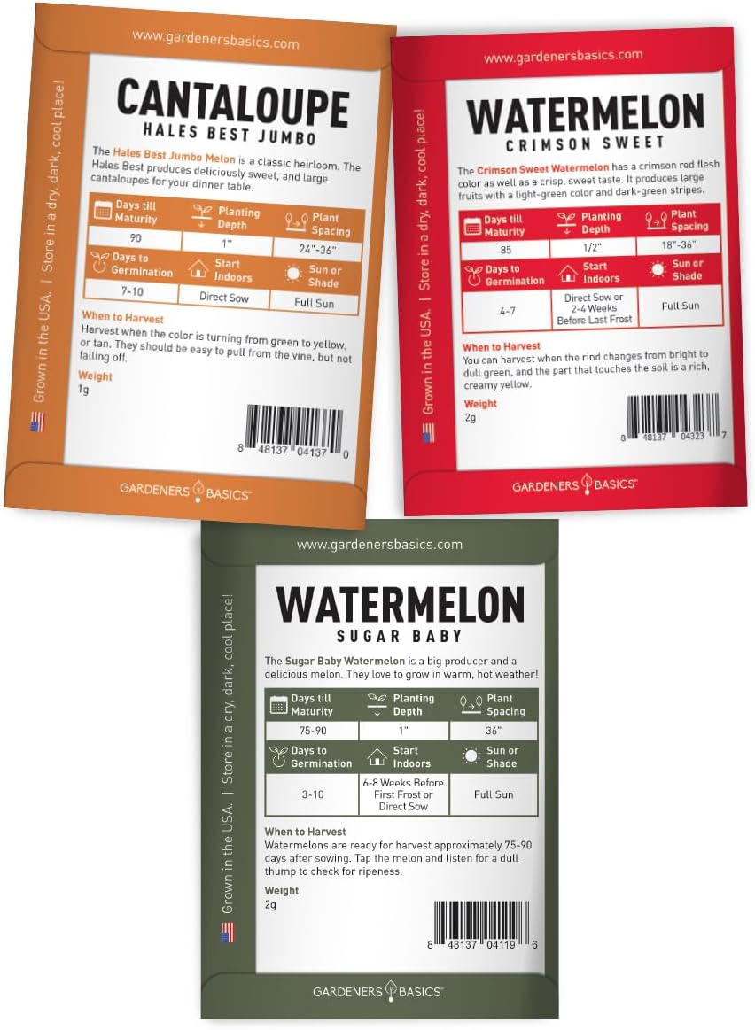 , Melon Fruit Seeds for Planting Home Garden 5 Variety Packs - Hales Best Cantaloupe, Crimson Sweet Watermelon, Yellow Canary Melon, Green Flesh Honeydew Melon, Sugar Baby Watermelon