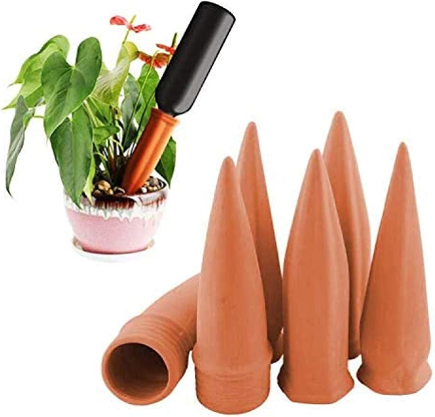Plant Watering Devices, Plant Waterer Self Watering Terracotta Spikes Automatically Water Your Indoor and Outdoor Plants While on Vacation (6Pc)