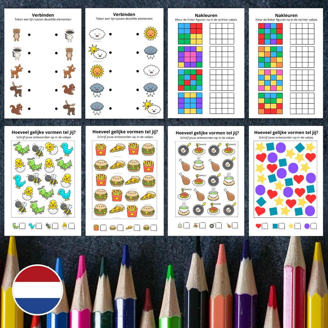 Educational activity book for children 66 printable worksheets NL | Dutch preschool practice material | Recognize similar elements