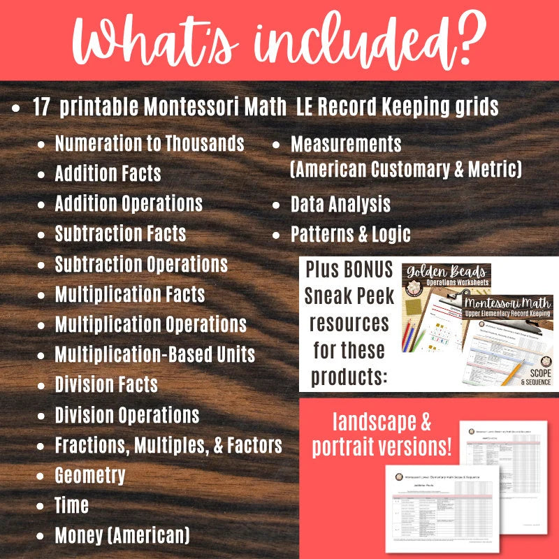 Montessori Lower Elementary Math Curriculum Scope and Sequence Record Keeping with Montessori Materials and Lessons Checklist 6 - 9 Teacher